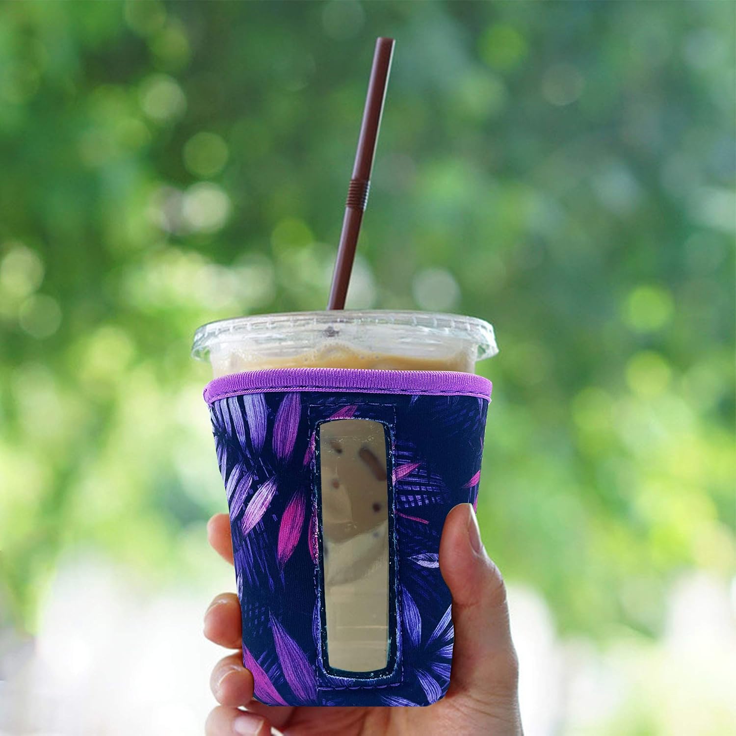 YUESUO 3 Pack Reusable Iced Coffee Cup Insulator Sleeve for Cold Beverages and Neoprene Holder for Starbucks Coffee, McDonalds, Dunkin Donuts, More (Purple Leaf)