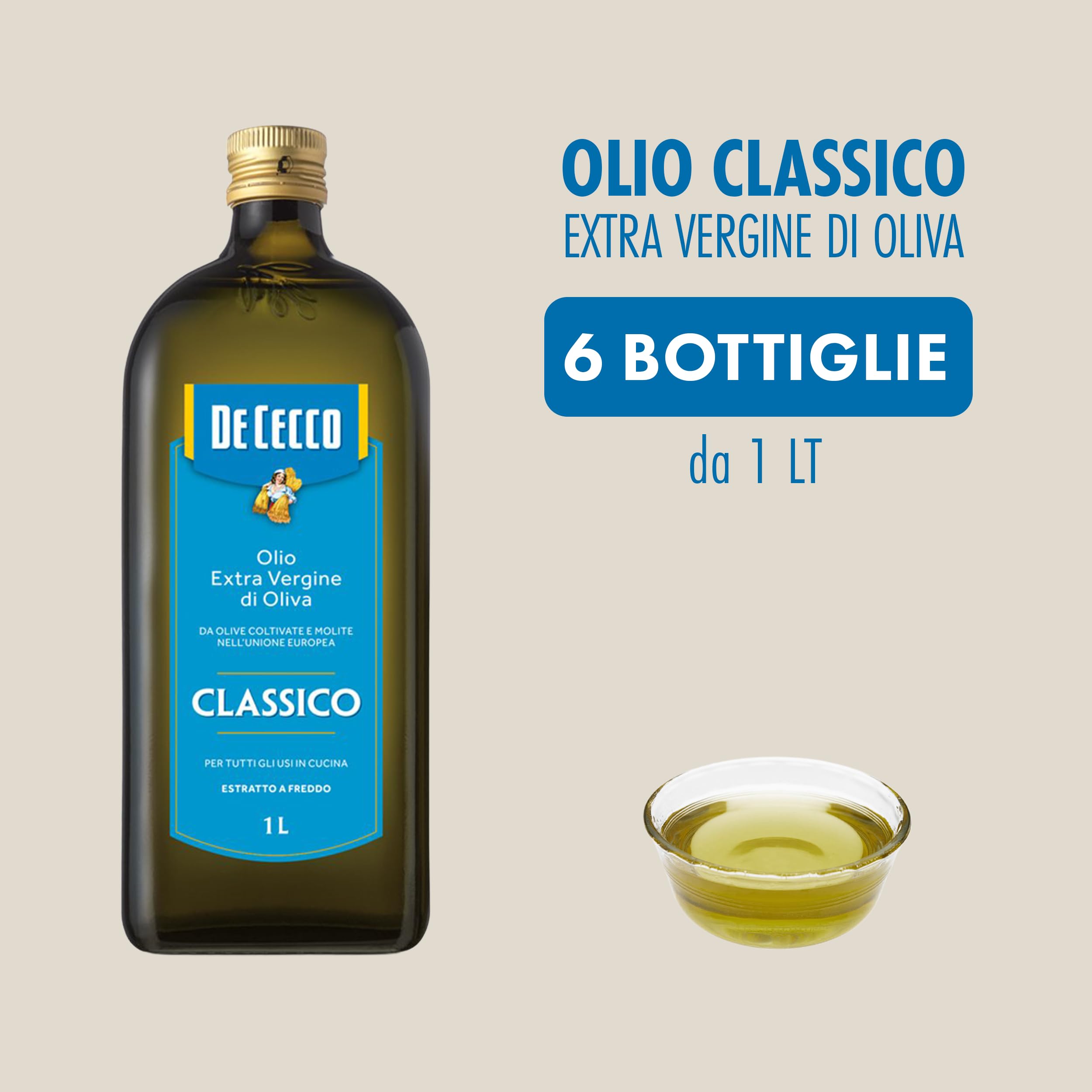 Olio Extravergine di Oliva Classico De Cecco | 6 Bottiglie da 1 L | Totale 6 Litri | Formato Scorta Convenienza