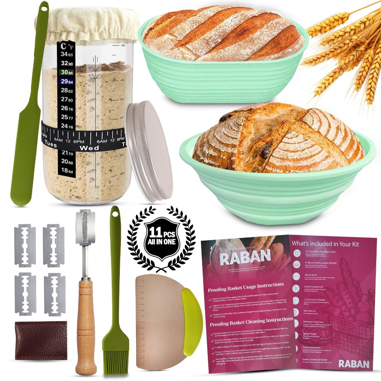 RABAN Sourdough Starter Kit,34oz Sourdough jar,Dough Scraper,2 Bread Proofing Basket, Sourdough Scoring tool,11pcs Baking Supplies, Easy Wash Complete Baking Set for Beginners(Green)
