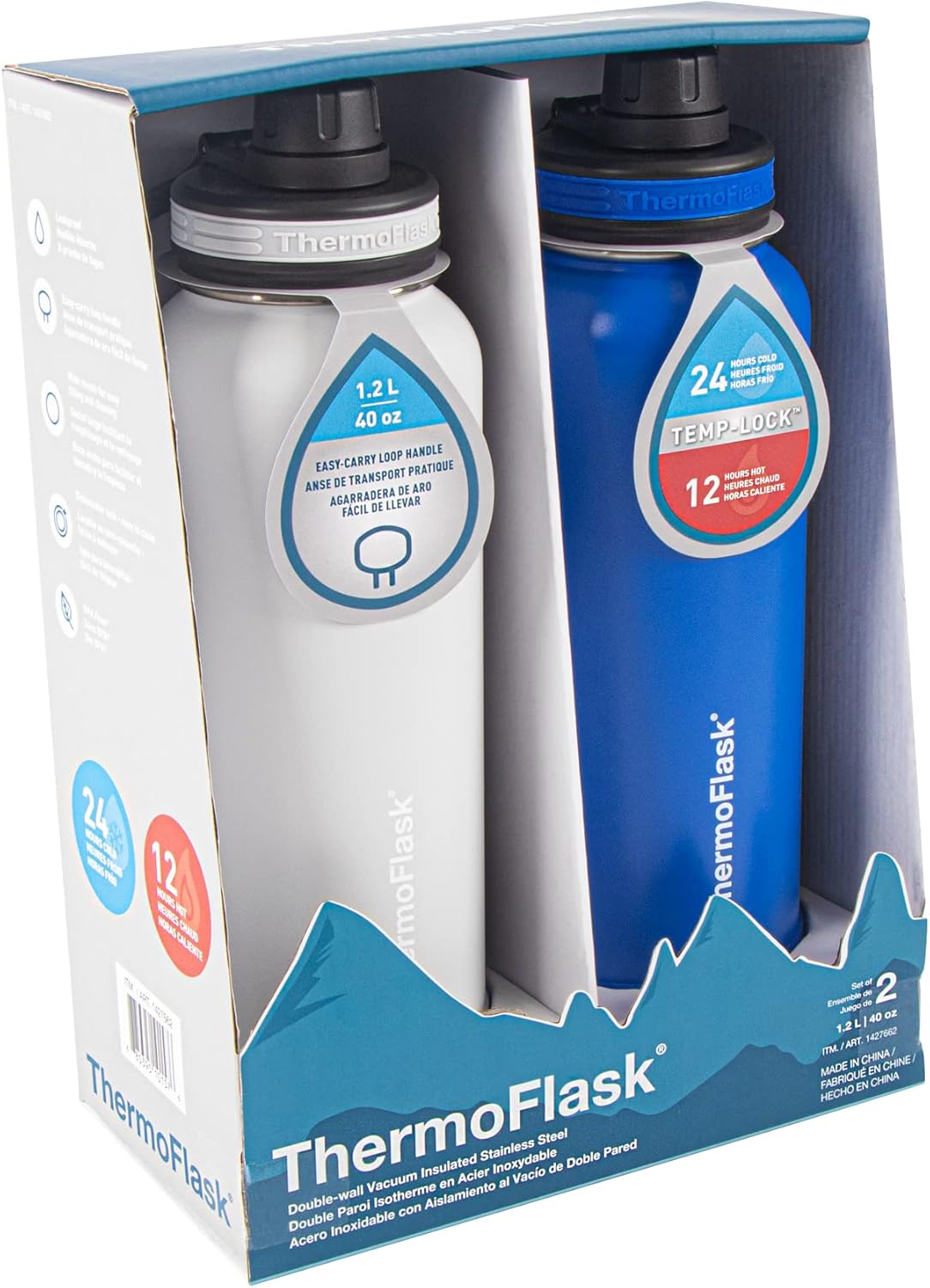 ThermoFlask Stainless Steel Water Bottles 2-Pack - Double-Wall Vacuum Insulated 40 oz BPA-Free Spout Lids - Keeps Drinks Cold 24 Hrs, Hot 12 Hrs - Leakproof, Dishwasher Safe, Ice Grey/Azure - Image 4
