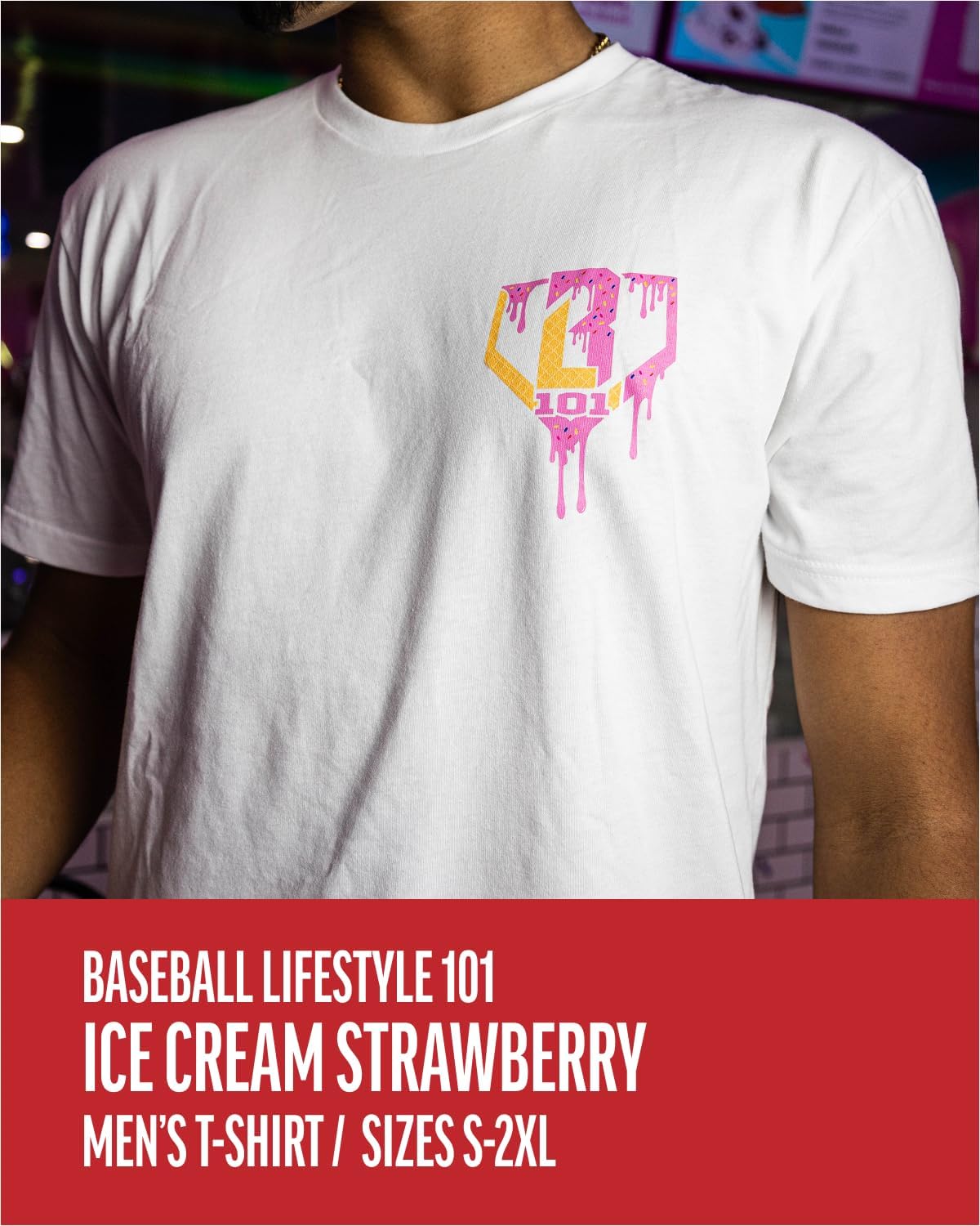 Baseball Lifestyle 101 Ice Cream Tee for Men - Strawberry, Soft 60/40 Blend, Breathable Side-Seamed T-Shirt Adult Sizes S-XL - Image 3