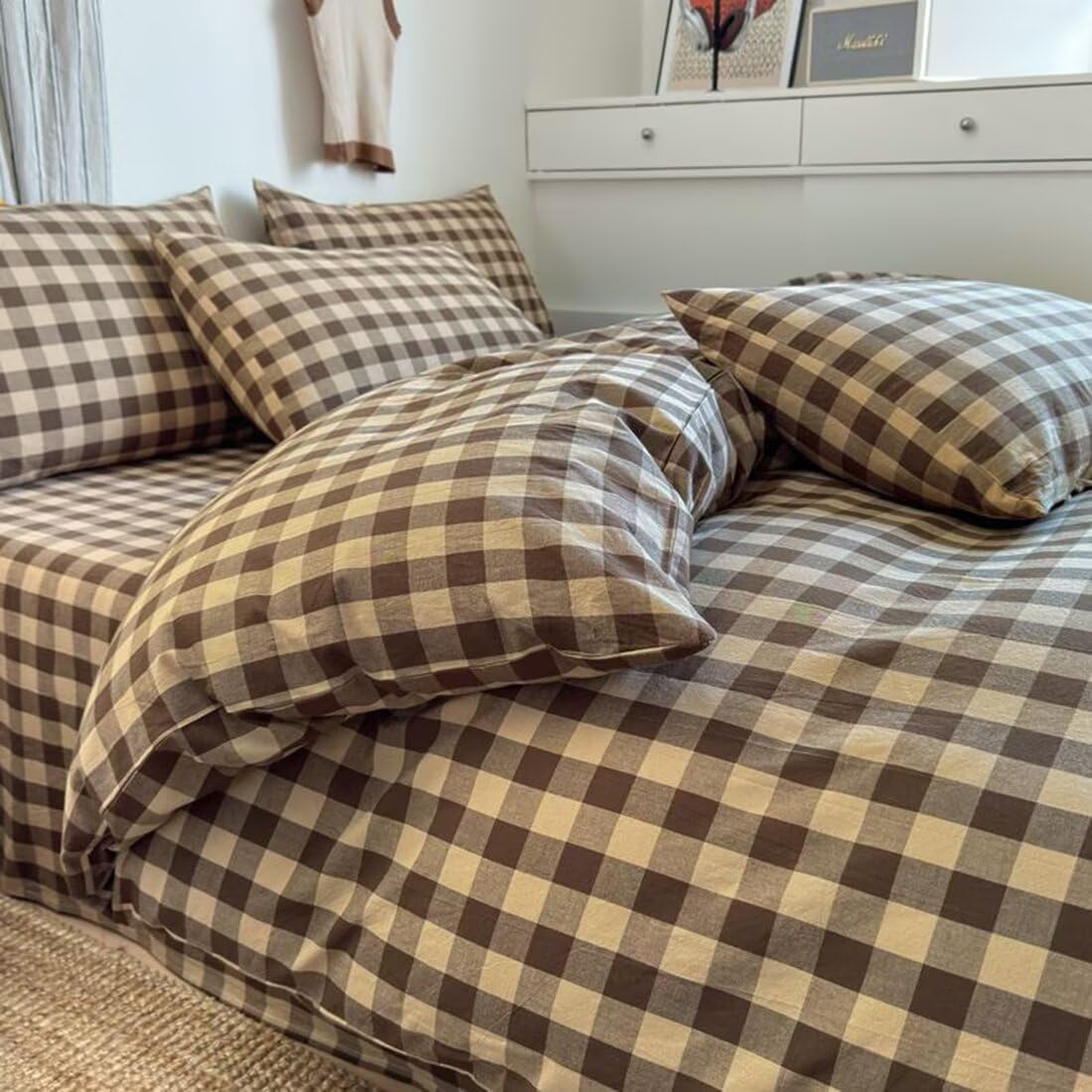 PinkMemory Brown Gingham Duvet Cover Set Queen 100% Washed Cotton Beige Plaid Checkered Duvet Cover Full 3pcs Modern Coffee Grid Gingham Bedding Set with Zipper Closure Ultra Soft Breathable - Image 3
