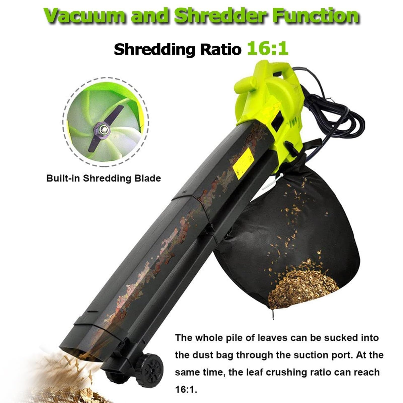 Soplador De Hojas De Mano, Soplador De Hojas For Jardinería, Aspirador Soplador De 3000 W, Aspirador Inalámbrico Liviano De 150 CFM Con Bolsa Recolectora For Recolección Hojas Jardinería
