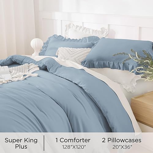 Miniatura 253 de Andency Juego de edredón beige tamaño King, 3 piezas estilo farmhouse shabby chic con volantes, ligero esponjoso suave de microfibra para todas