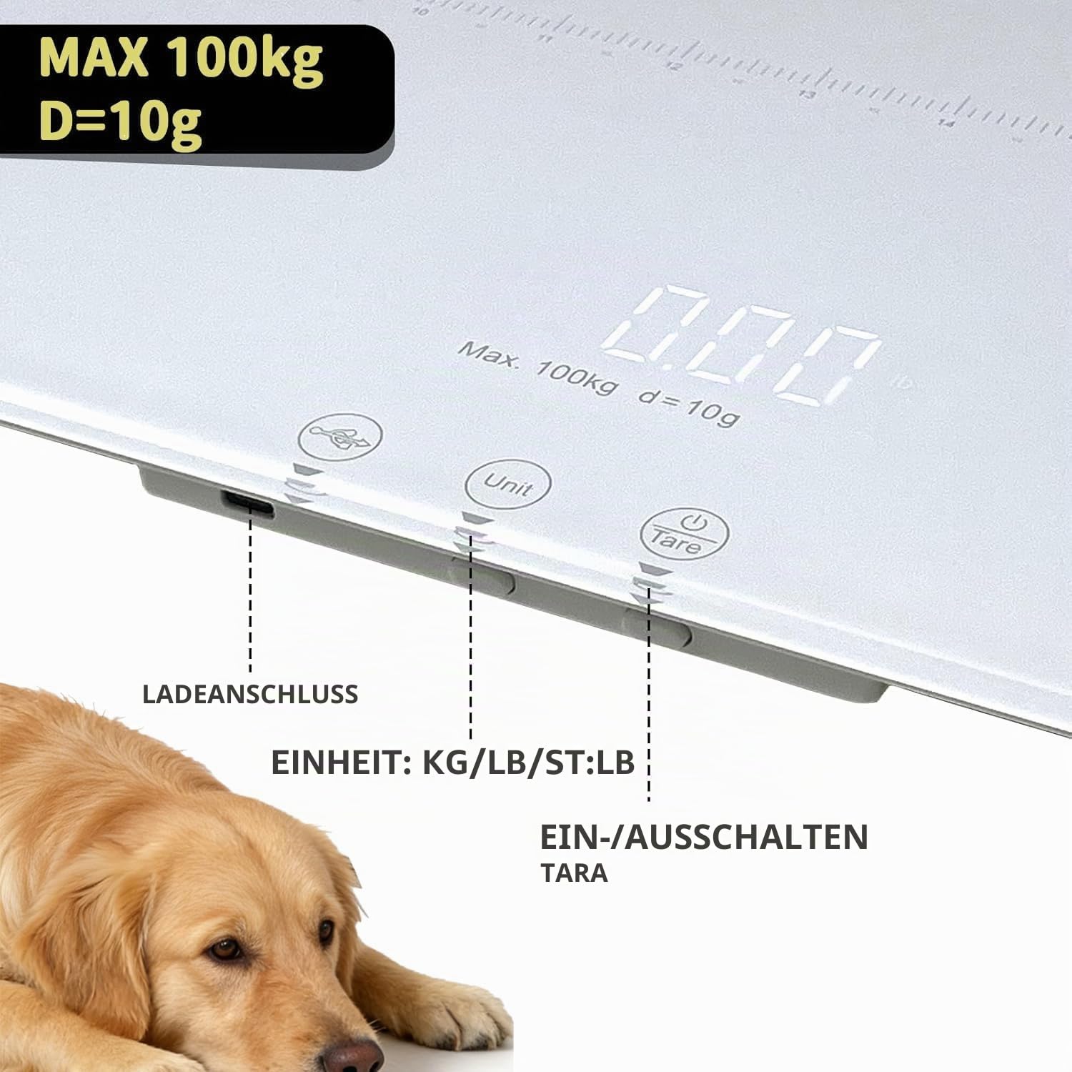 Digitale Haustierwaage für Hunde und Katzen, große Hundewaage, max. 220 Pfund, wiederaufladbare Version, 3 Wiegemodi Pfund, kg, st, Präzision 10 g, 69 x 33cm
