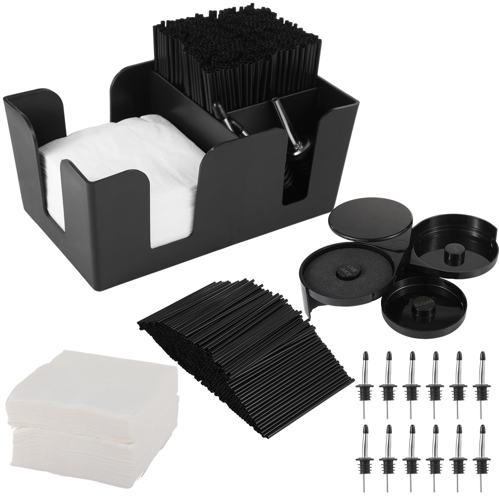 Bar Caddy Napkin & Straw Holder with 3-Tier Bar Rimmers, Stainless Steel Classic Bottle Pourers, Tissue Box, Count Cocktail Stirrers, Straws