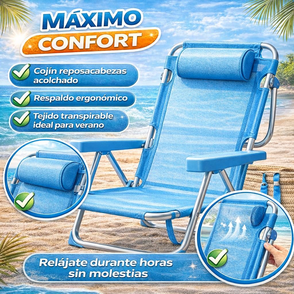 TIENDA EURASIA – Silla de Playa Plegable | Azul Turquesa | Estructura de Aluminio y Textileno | 4 Posiciones | con Cojín reposacabezas | Medidas 60x22x85.5 cm | para Peso Máximo de 110Kg