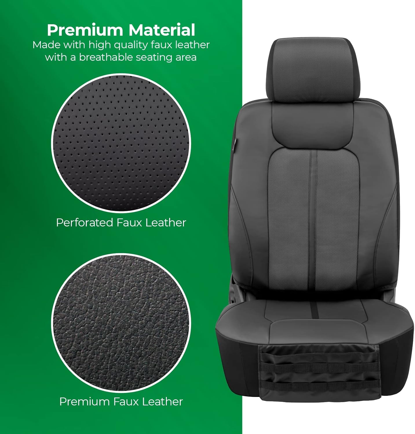 Season Guard Dakota Truck Seat Covers; Universal Fit for Large or SUV; Heavy Duty Design; Front and Rear Storage Pockets, Built-in Molle Style Organizer; Semi-Custom Fit; Faux Leather; 2pcs, Black