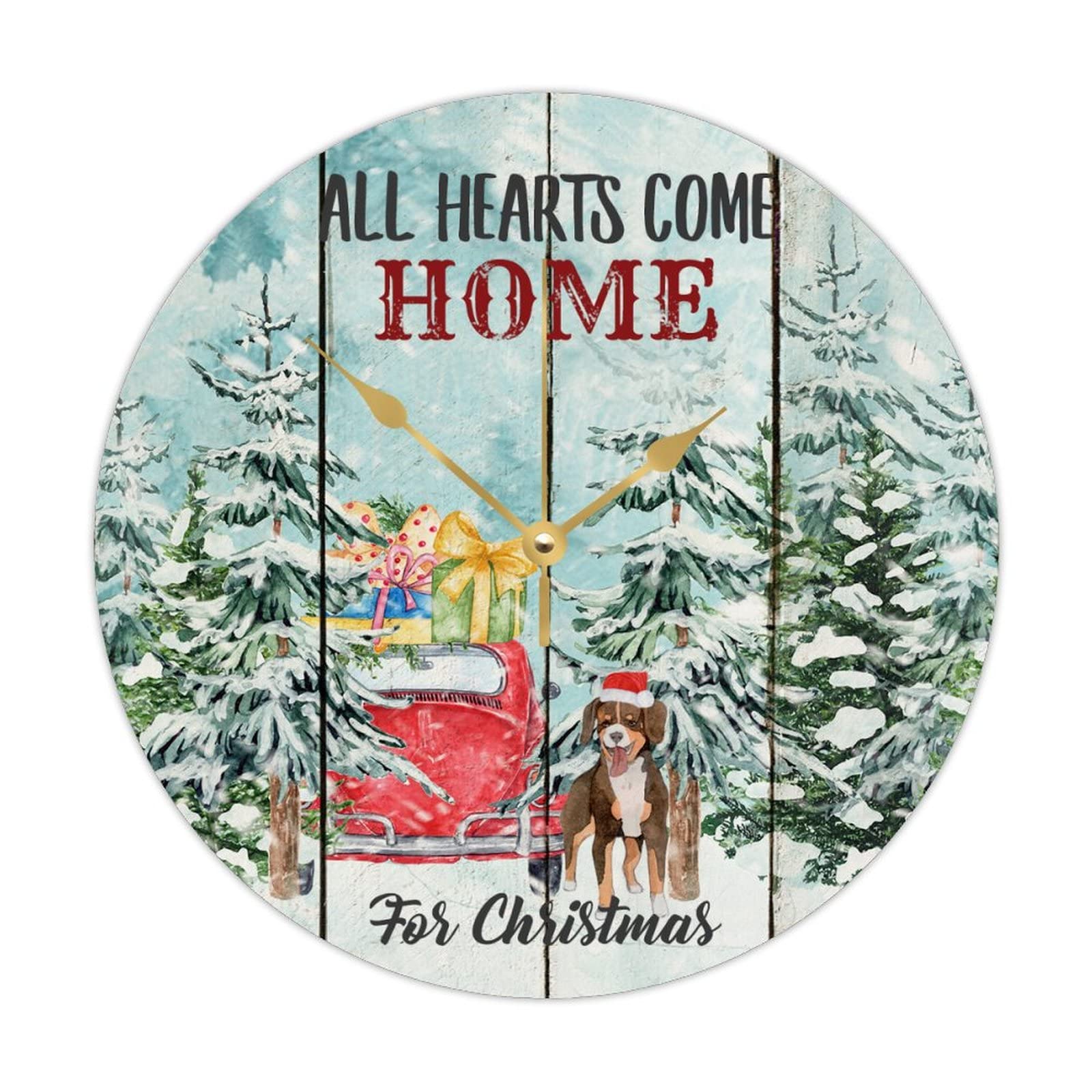 Horloge de Noël ronde bois motif chien et cœurs cadeau silencieux