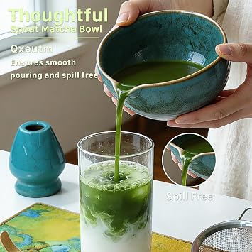 Matcha Whisk Set, 7 Pcs Matcha Set - Ceramic Matcha Bowl & 100% Handmade Bamboo Whisk with Chasen Holder, Bamboo Scoop, Rest, Matcha Sifter & Tea Towel - Complete Matcha Kit (Blue)