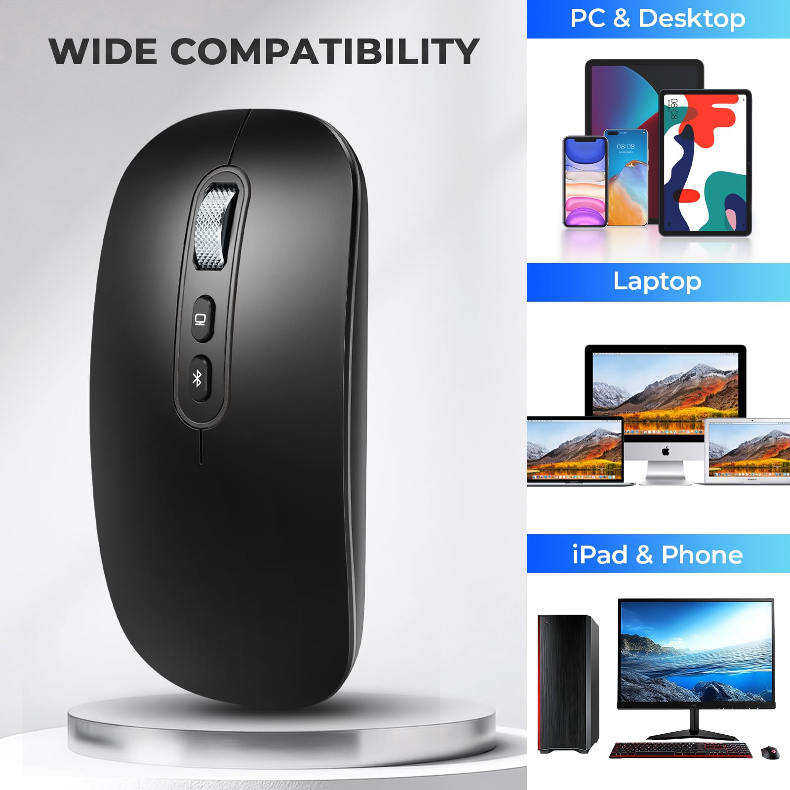 PINKCAT Raton Inalambrico, Modo Dual Recargable Raton USB C (Bluetooth 5.1 + USB C), Ratón Bluetooth, Mouse Inalámbrico, Ratón Ergonómico y Silencioso para MacBook Air/Pro, iPad, Mac, Ordenador