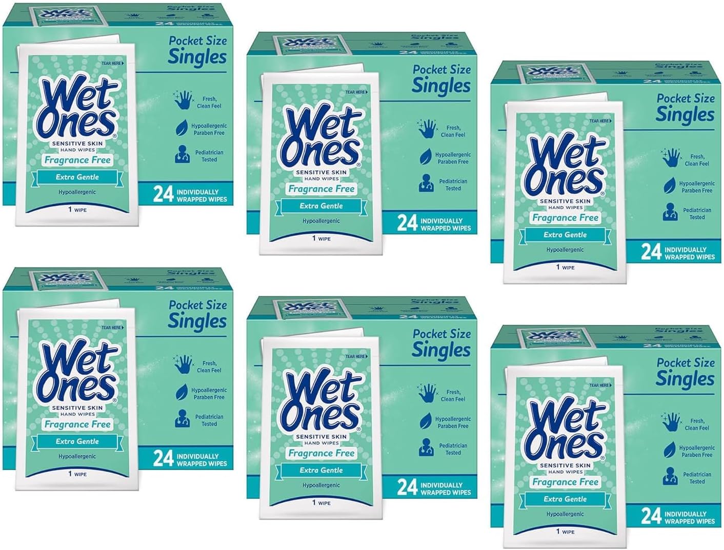 WET ONES Sensitive Skin Hand Wipes, Singles Extra Gentle Fragrance & Alcohol Free 24 ea ( Pack of 6)