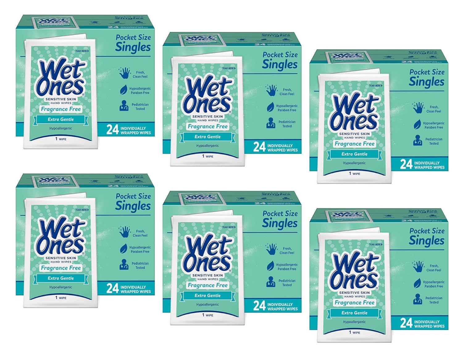 WET ONES Sensitive Skin Hand Wipes, Singles Extra Gentle Fragrance & Alcohol Free 24 ea ( Pack of 6)