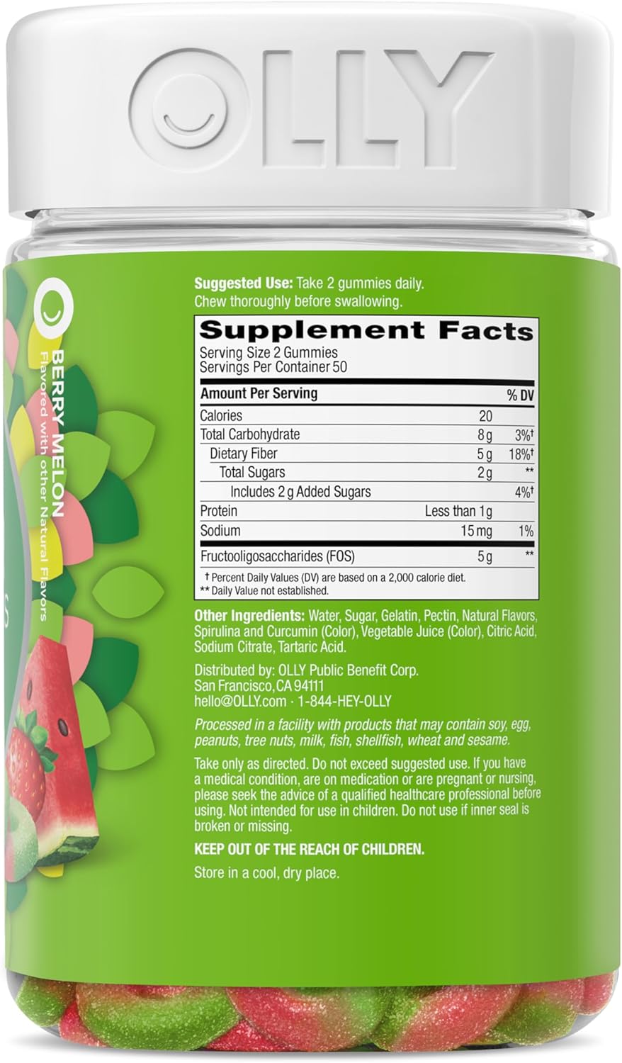 OLLY Fiber Gummy Rings, 5g FOS Prebiotic Fiber, Digestive Health Supplement,* Strawberry Watermelon Flavored, 50 Day Supply - 100 Count