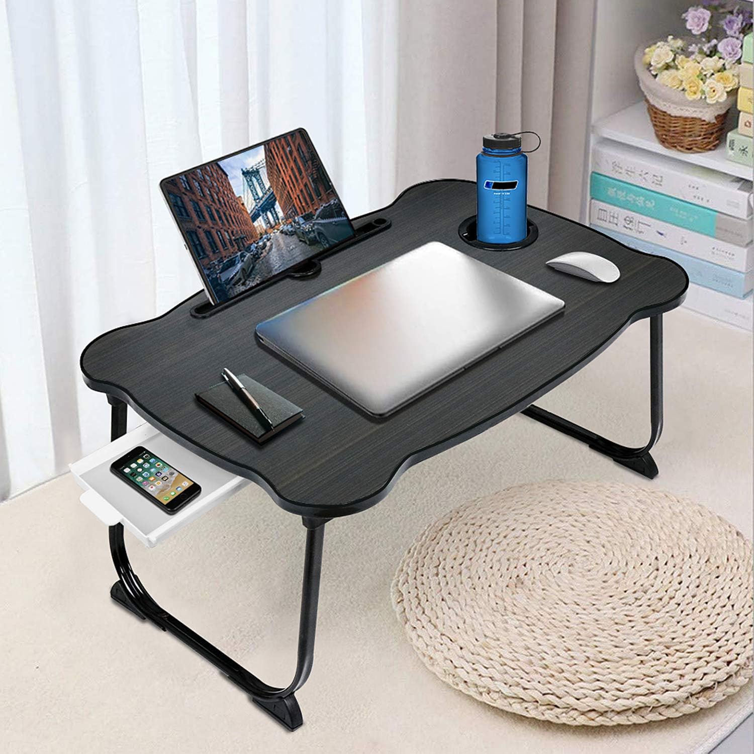 Top Brands Zapuno Foldable Laptop Bed Table Lap Table Tray with Storage Drawer and Cup Holder, Lap Desk Laptop Stand Dining Table for Eating, Studying, Working on Bed/Couch/Sofa