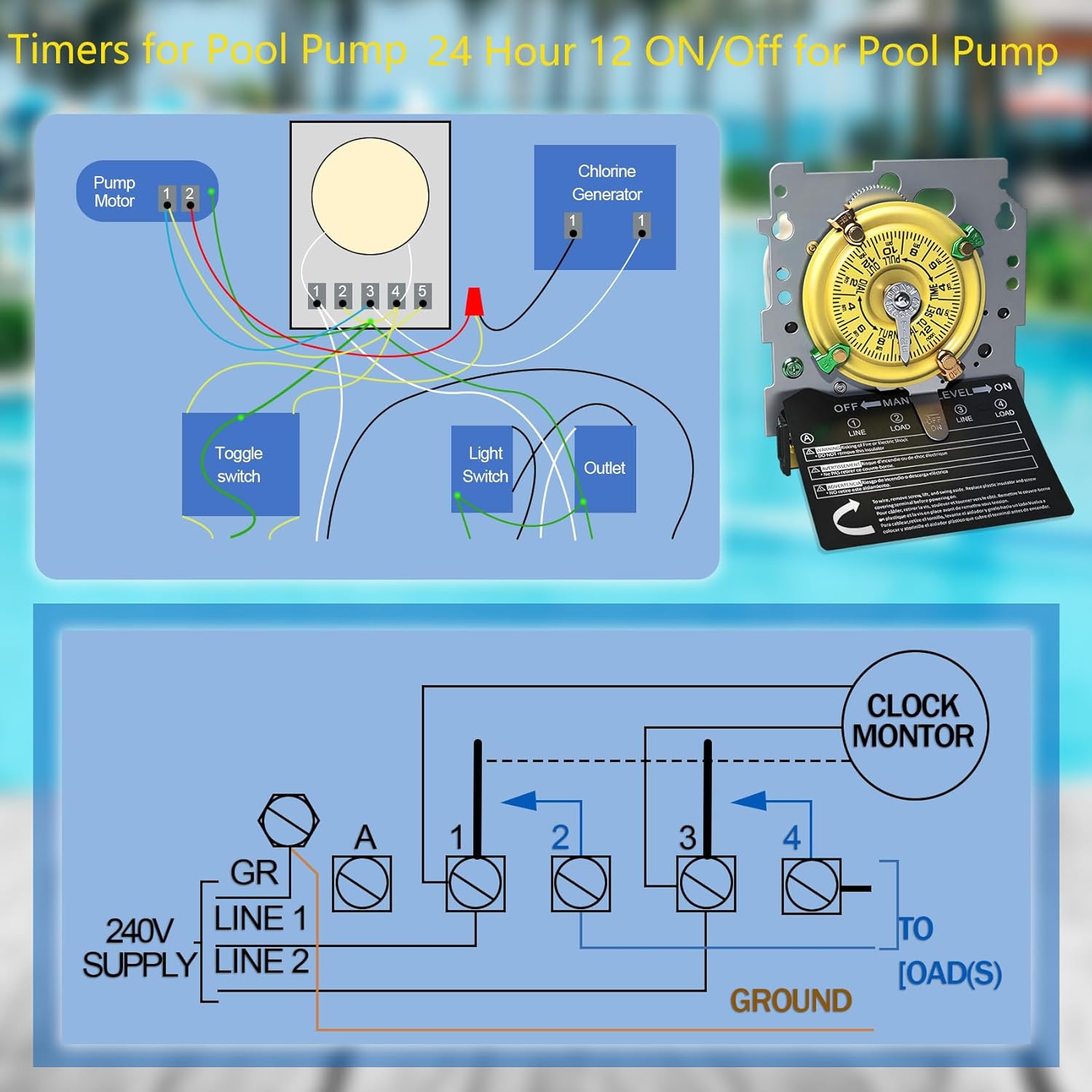 T104M Pool Timer Mechanism Only, Pool Pump Timer, 208-277V 40A Time Switch, 24 Hour 12 ON/Off for Pool Pump, Heavy-Duty Mechanical Time Switches,Time Switch Mechanism Only, 5 Years Warranty