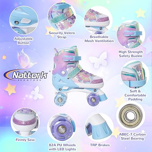 Miniatura 3 de Nattork Patines de Ruedas para Niñas y Niños, Patines Cuádruples de 4 Tamaños Ajustables con Diseño de Mariposa y Flor con Todas las Ruedas