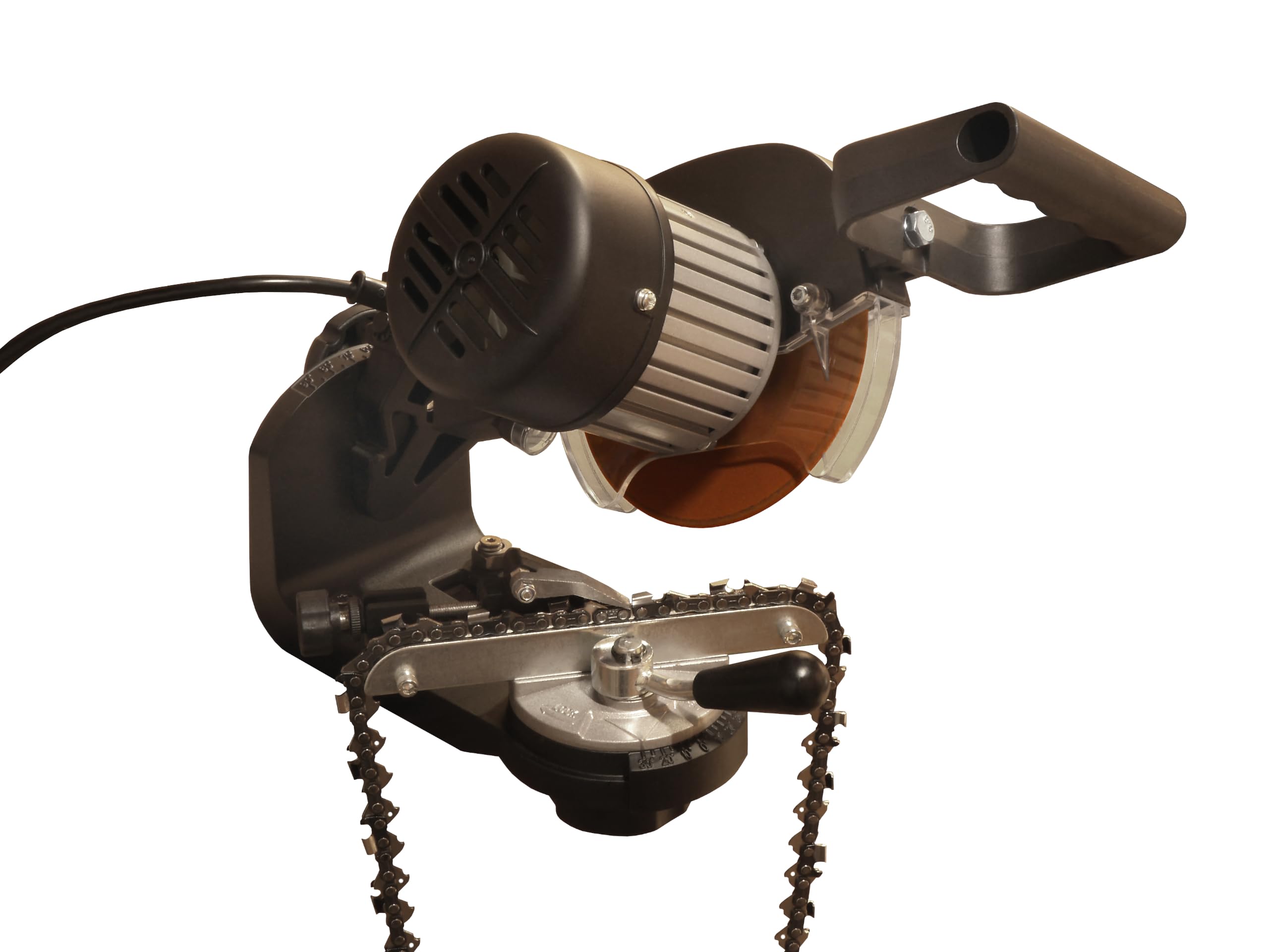 SÄGENSPEZI Afilador de cadenas de sierra Speed con 2 discos abrasivos, para 1/4 3/8 325 404, incluye material de fijación, ajuste de ángulo de afilado, luz de trabajo LED + - 30 grados