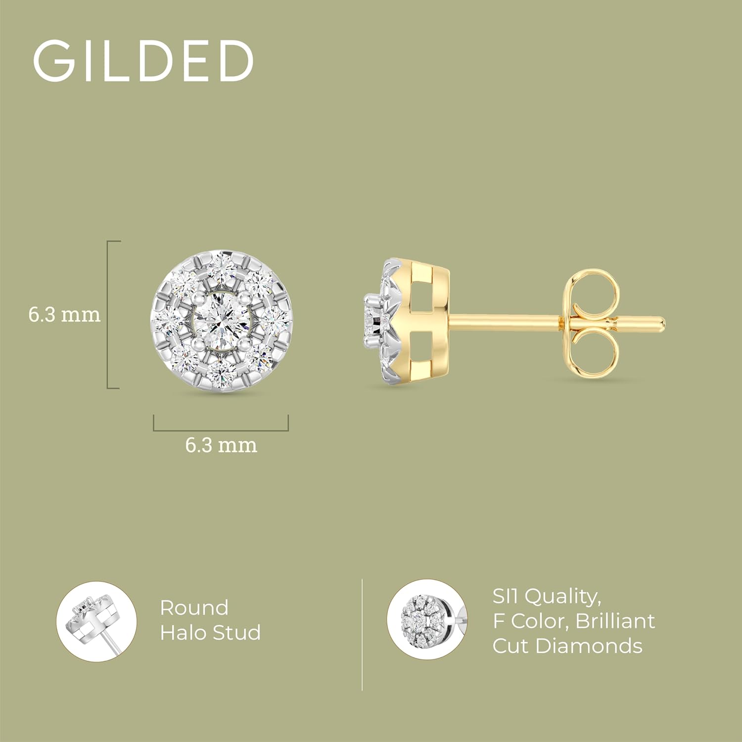 Gilded Lab-Grown Diamond Sterling Silver and 14KT Yellow Gold Plated Silver Stud Earrings for Women | Round Halo Shaped Studs | Hypoallergenic Fine Jewelry | Prong Setting, Push Back Nut | SI1 Clarity, F Color 1/4, 1/2, 3/4, 1 Carat Total Weight - Image 4