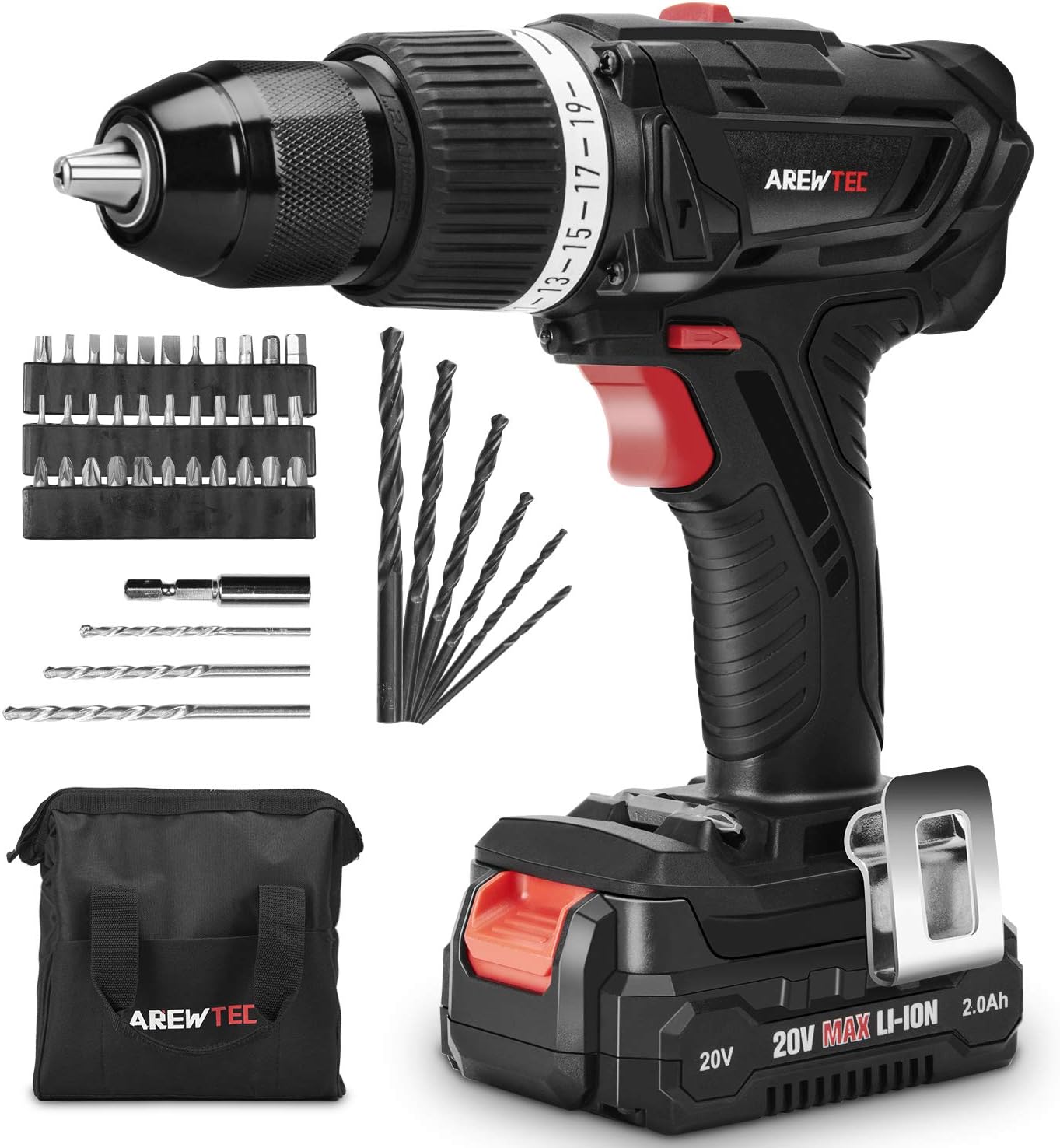 Cordless Drill with Hammer Action, 20V Drill Driver 2.0Ah Lithium-Ion Battery 45NM 398 In-lbs with 2 Speed,1/2 KEYLESS METALLIC CHUCK,19+2 Torque Adjustment,1 Hour Fast Charger (Drill)