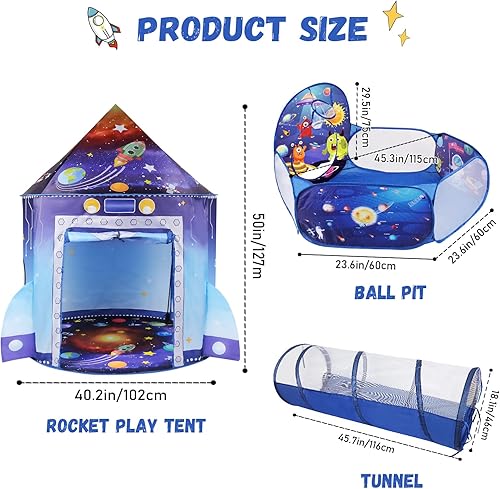 Miniatura 6 de Tienda de campaña 3 en 1 con túnel de bolas para niños, casa de juegos desplegable con temática espacial, para interiores y exteriores, juego de