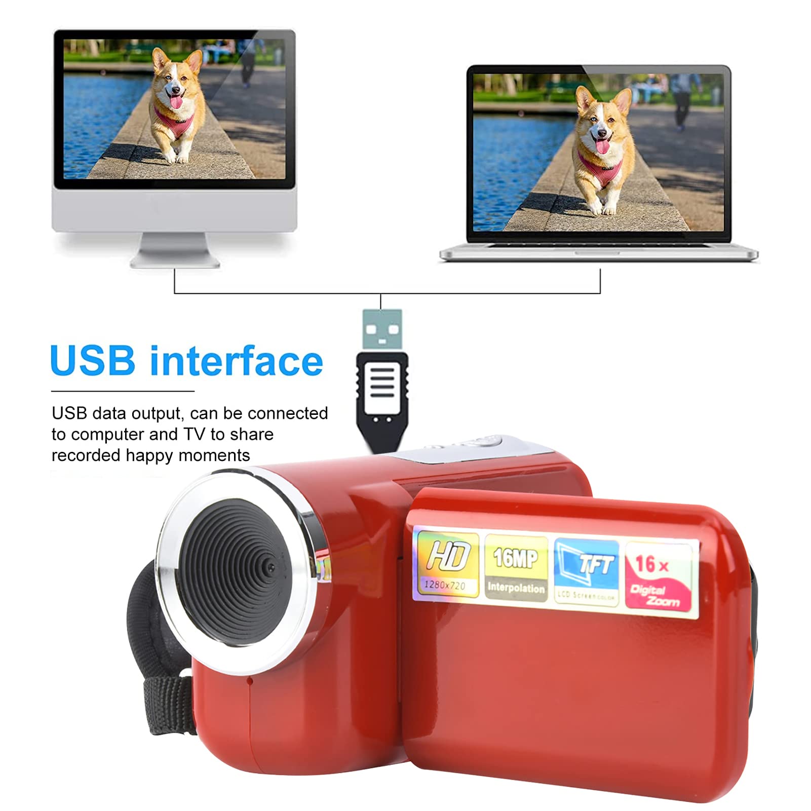 Caméra Numérique DV 16MP 720P HD Zoom 16X Écran 2.7" Rotatif 270° - Caméscope Vidéo Rouge