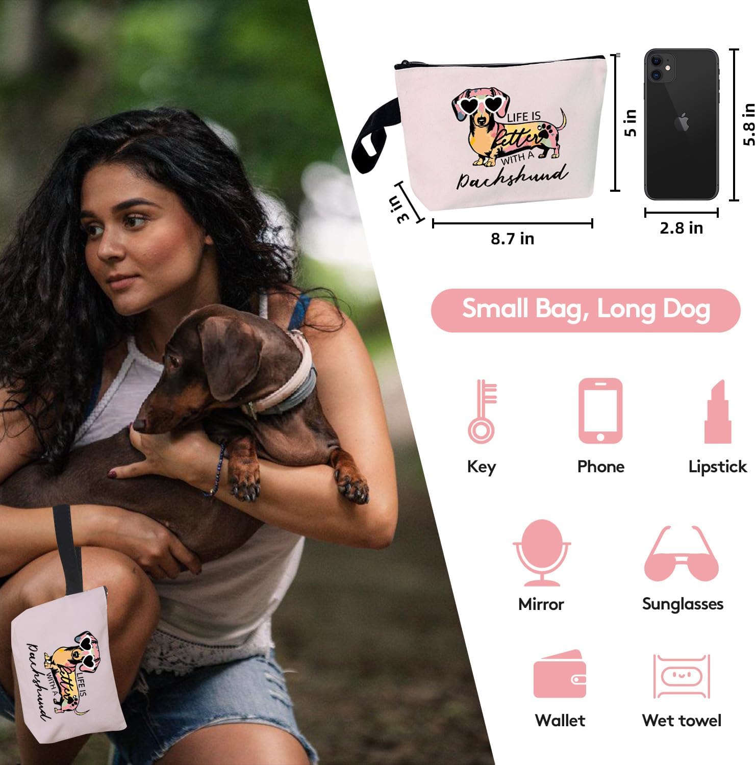 Extrogif Dachshund Gifts for Women, Canvas Tote Bag with Zipper – Weiner Dog Gifts Tote for Dachshund Lovers, Mother's Day, Christmas, Birthday - Image 2