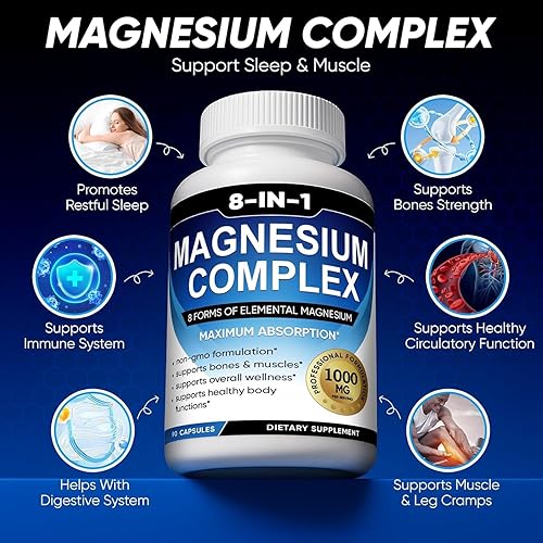 Miniatura 5 de Complejo de magnesio 8 en 1, 1000 mg, 180 cápsulas vegetales, fórmula de máxima absorción para dormir, apoyo muscular y óseo