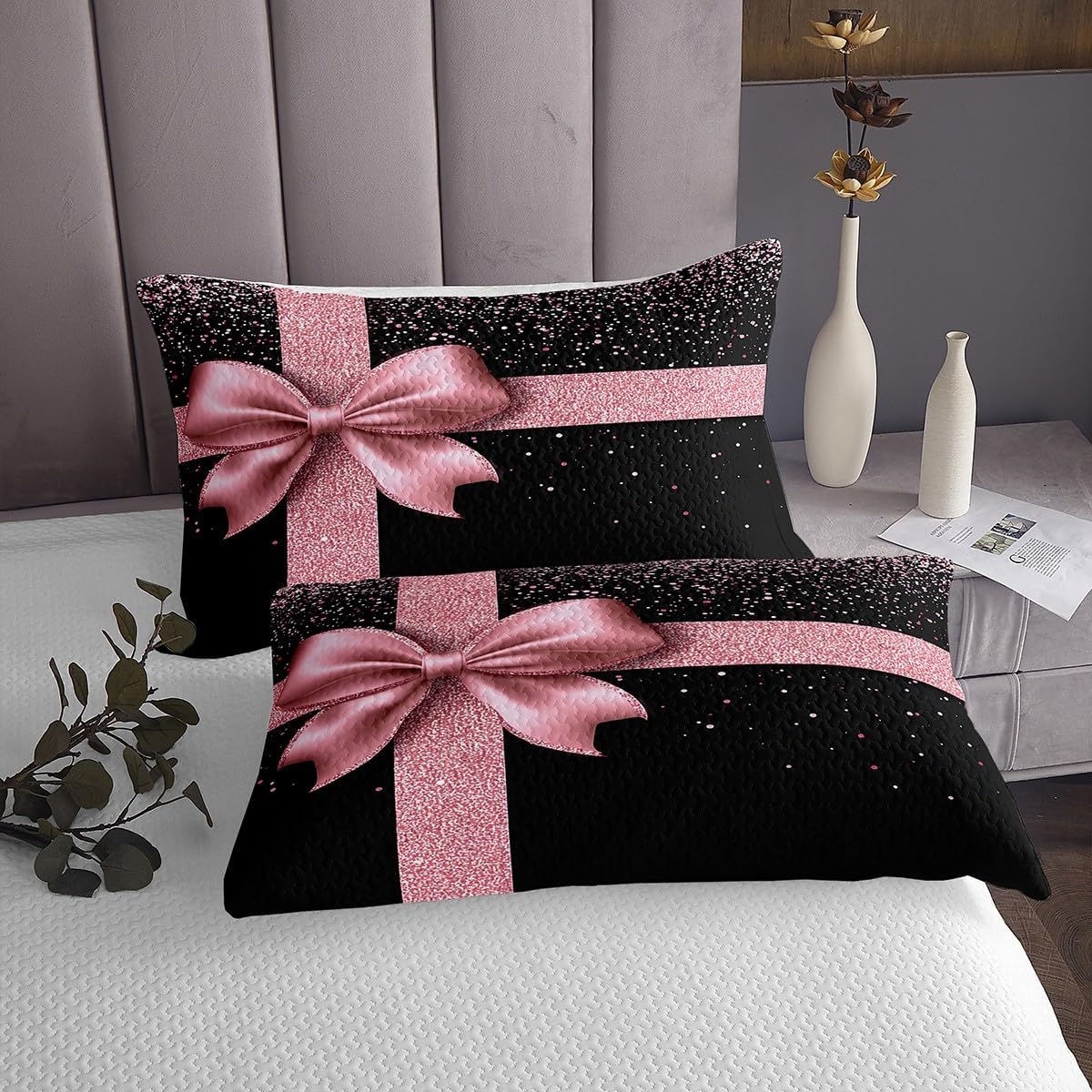 Bowknot Bedspread Set Queen Size for Kids,Boys Girls Glitter Diamond Quilt Set Pink and Black Bedspread Coverlet Luxury Art Bedspread 3 Piece Decorative Bedding Quilted with 2 Pillow Shams