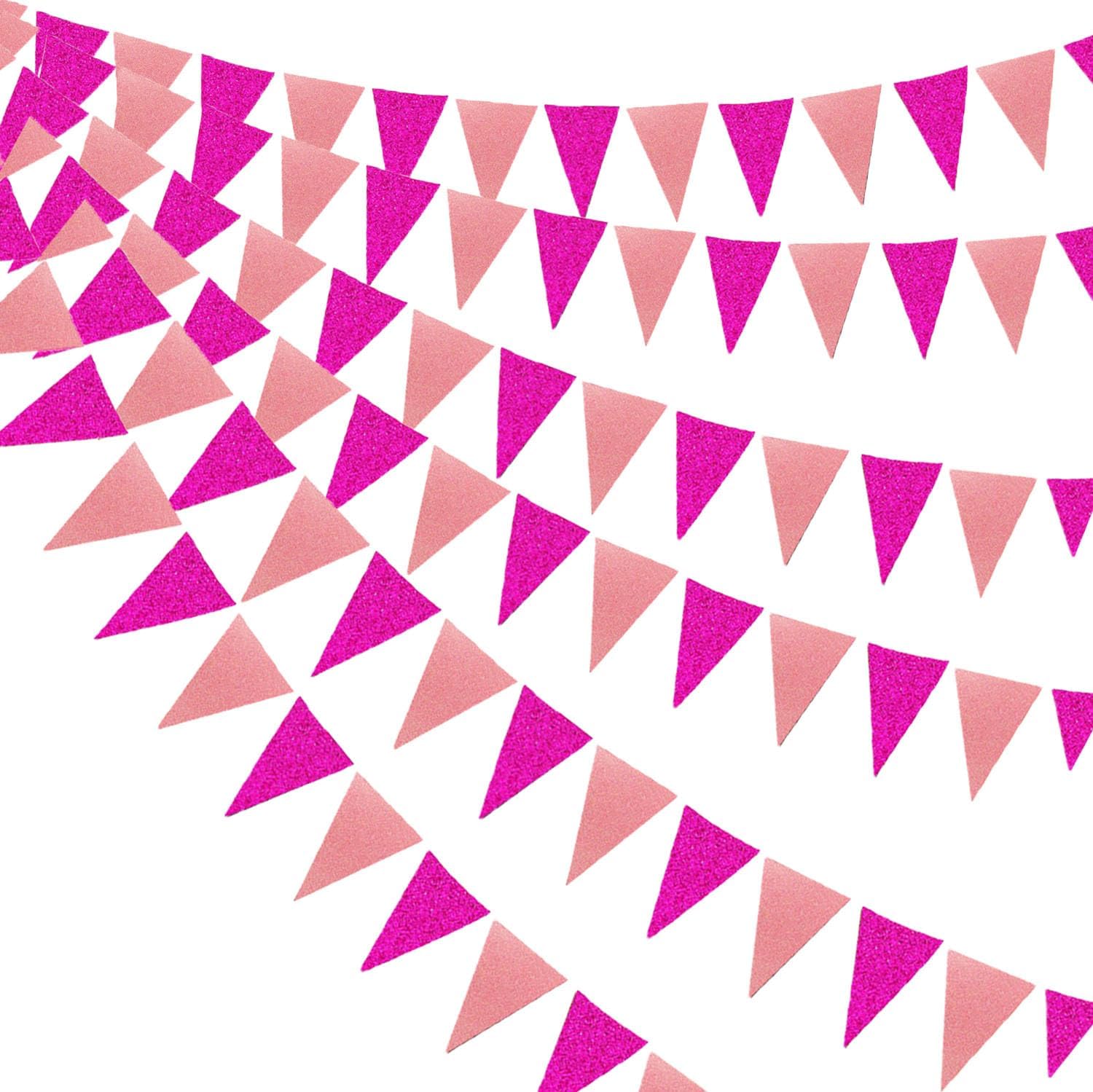 Hot Pink and Pink Glitter Pennant Banner Party Decorations Wedding Bridal Shower Hanging Paper Triangle Flags Streamers for Wedding Birthday Bachelorette Engagement Home Nursery Party Decor (48 Pcs) - Image 6