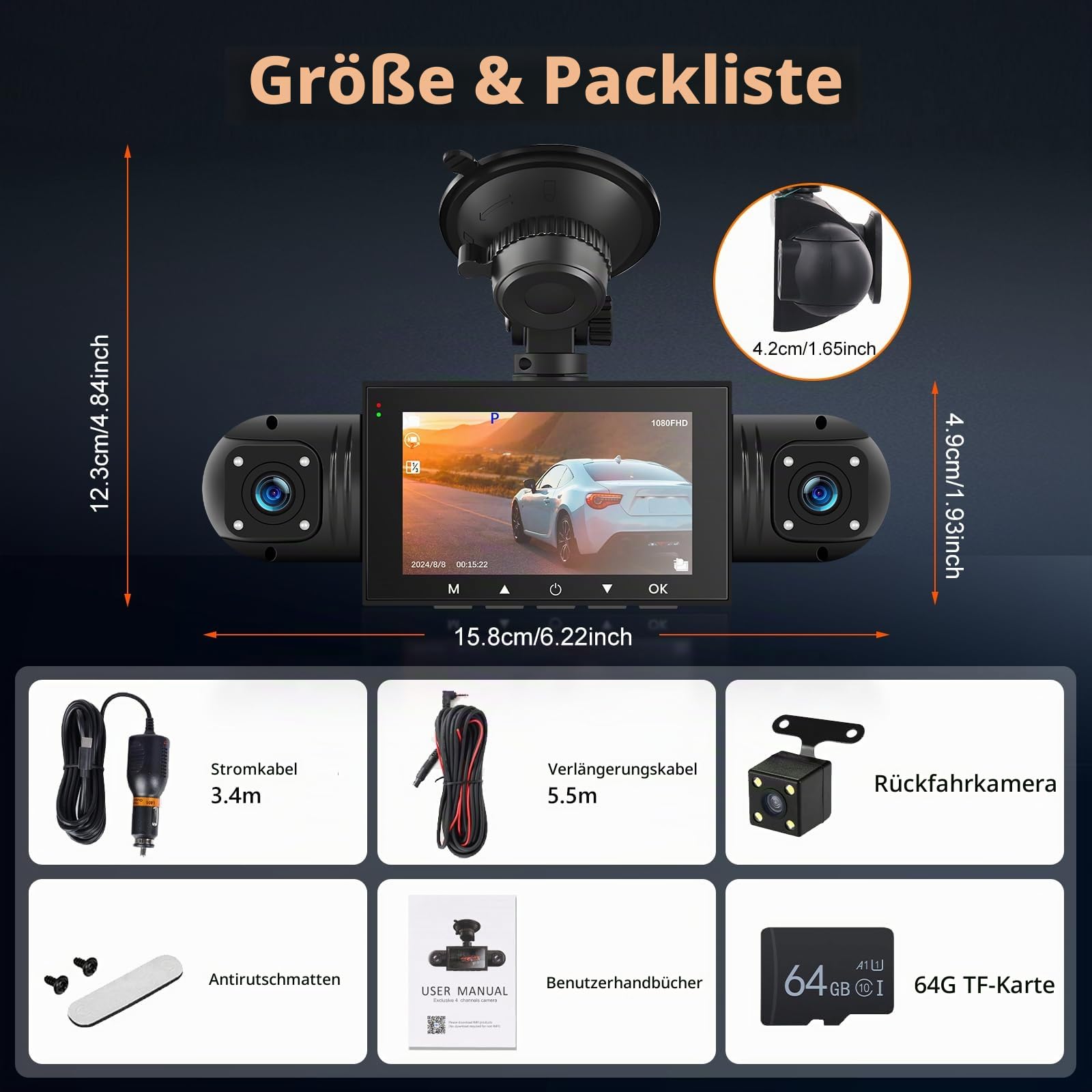 Mirror Dash Cam 4 Channel Front Rear, 3 inch Rückspiegel Kamera mit 64GB Karte/G-Sensor/Parking Monitoring/Night Vision/24H Parking Mode + Waterproof 1080P Rear Camera