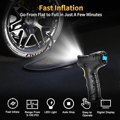 Miniatura 5 de Compresor de aire portátil de 150 PSI para neumáticos de automóvil, inflador digital de neumáticos con linterna LED, bomba automática de 12 V para