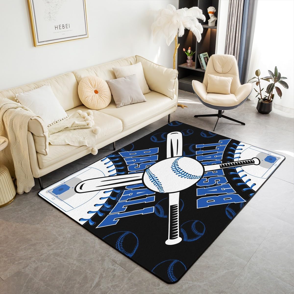 Feelyou Baseball Decorative Carpet Set 3x5 Sports Game Area Rug for Boys Girls Children Baseball Gaming Rugs for Living Room Bedroom Room Decor Blue Baseball Indoor Floor Mat