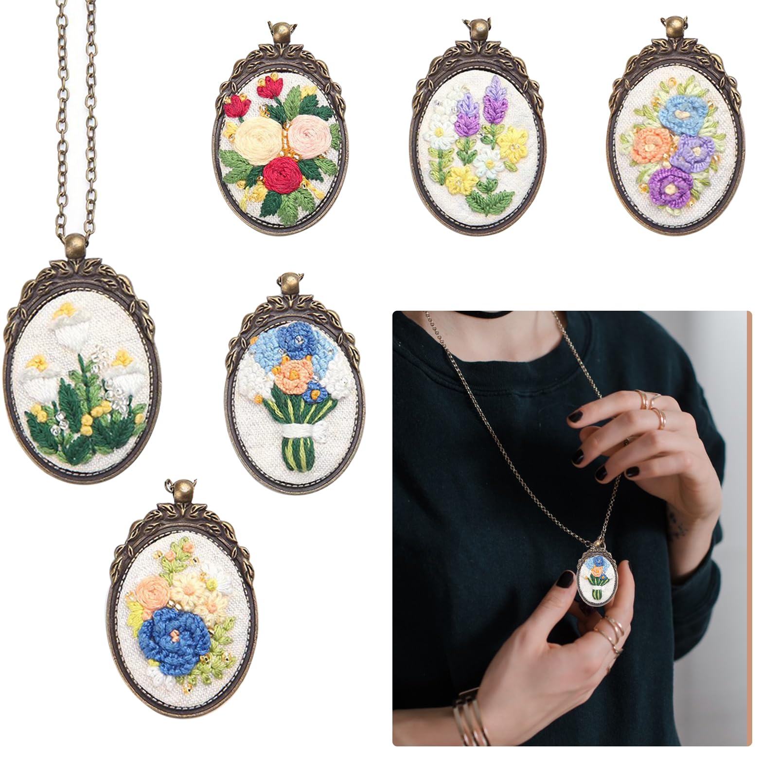6 Sets Retro Necklace Embroidery Pendant Kit with Instructions, Mini Flower Patterns Embroidered Pendant Necklace with Needle Thread,Chain,Small Cross Stitch Kit with Hoop for Adults DIY Art Crafts