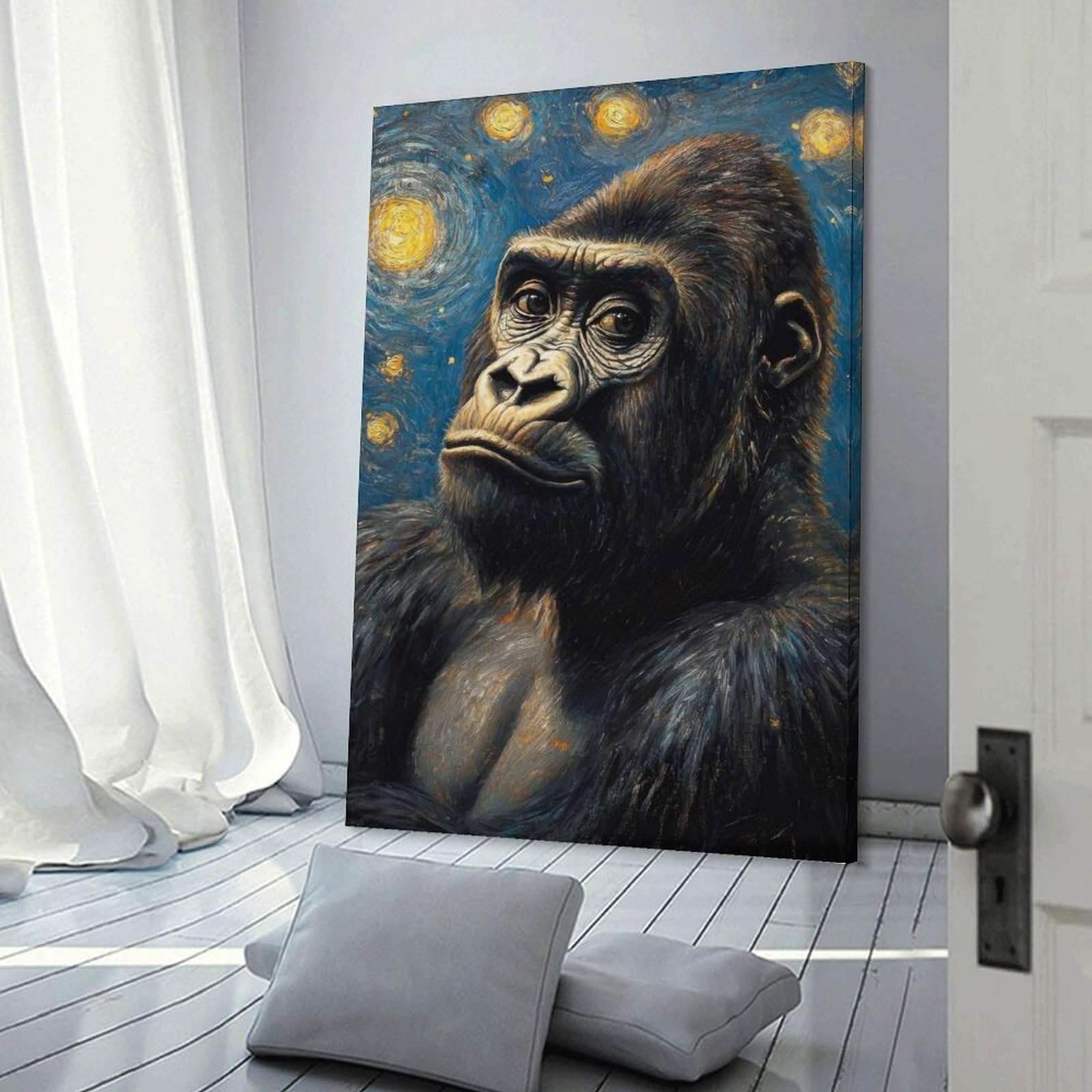 Junmoney Gorilla Starry Night Canvas Wall Art 24x36inch(60x90cm), for Art Walls, Layered Displays Or Homes, Decorative Artwork with Flexible Styling