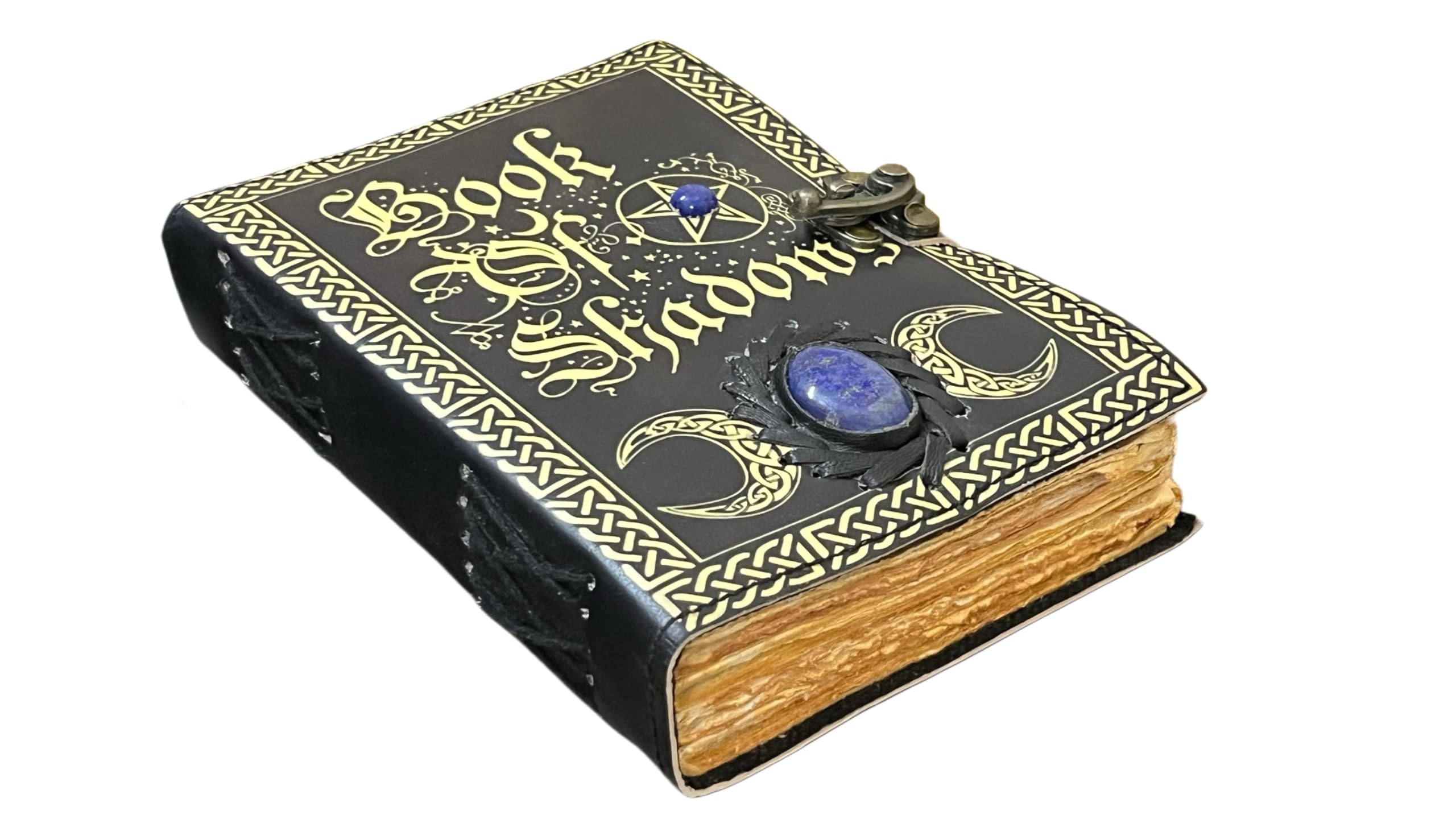 Leeres Zauberbuch der Schatten mit keltischem Lapislazuli Stein - Vintage Leder Journal mit Schloss, Grimoire Junk Journal, Leder Skizzenbuch Notizbuch, 200 Büttenseiten - Hexerei Geschenk für Sie