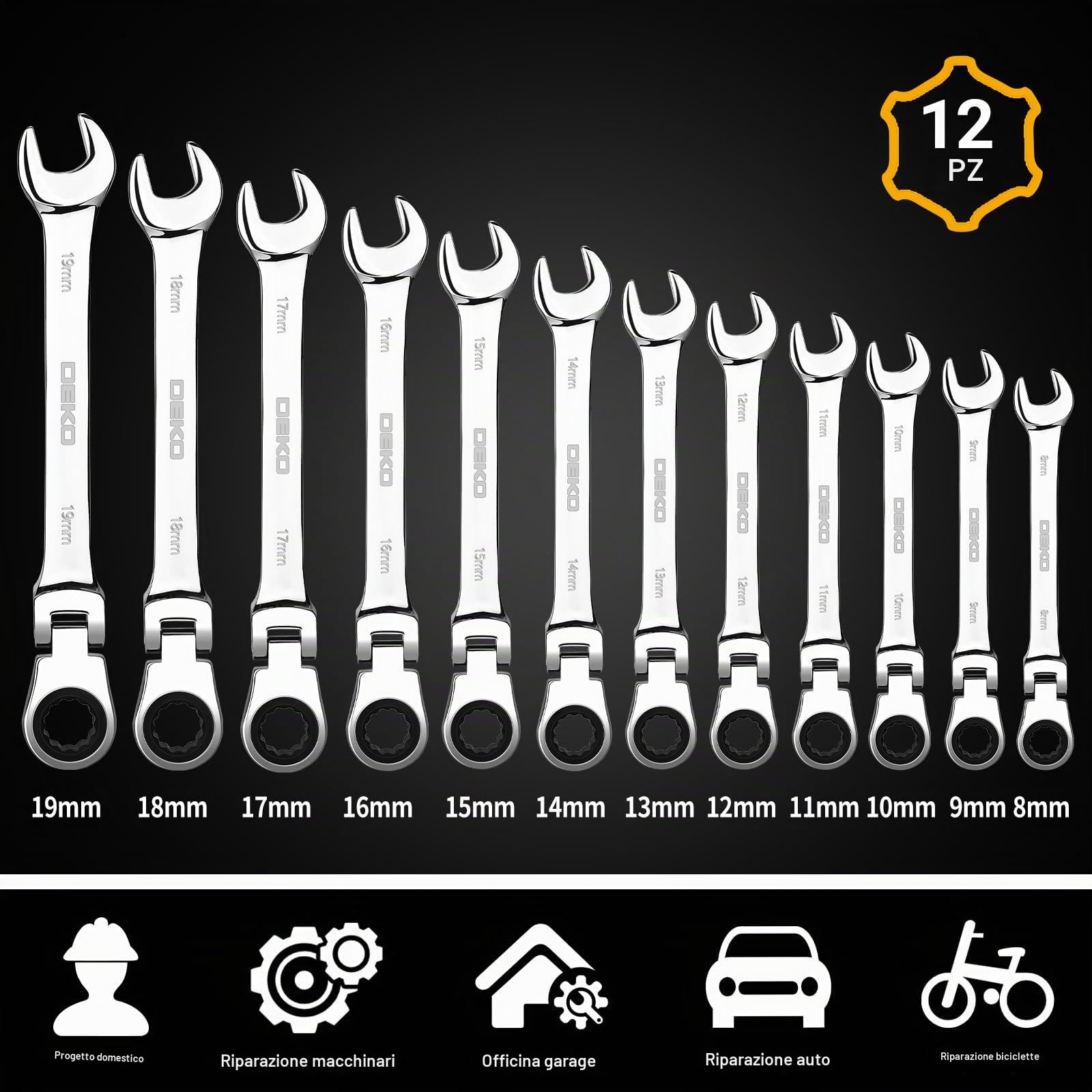 DEKOPRO Set Chiavi a Cricchetto 12 Pezzi, Metrico 8-19mm, Chiavi Inglesi Combinate con Testa Rotante 180°, Attrezzi da Lavoro in Acciaio al Cromo Vanadio per Auto, Bici, Fai da Te