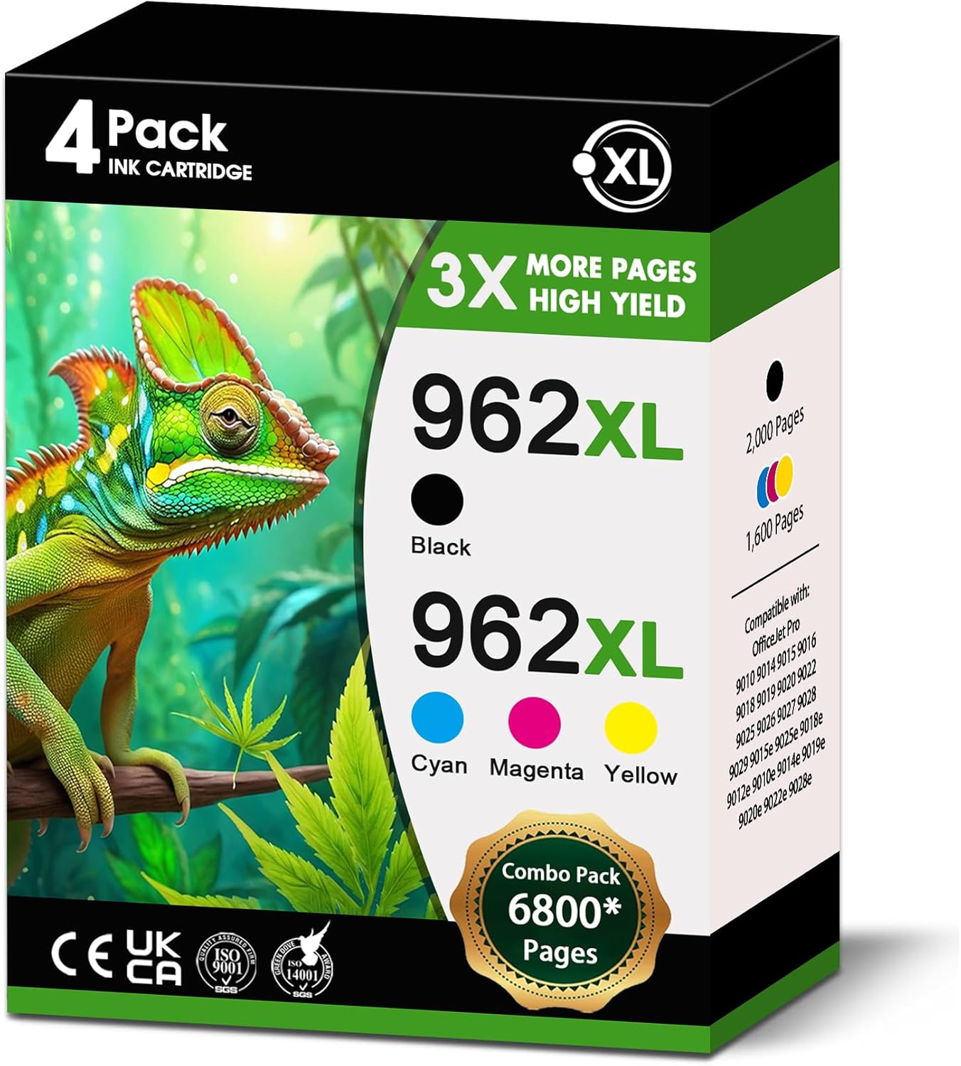 962XL 962 Ink Cartridges Black Color Combo Pack (4-Pack, 1BK/1C/1M/1Y) Replacement for HP 962 962XL Ink Cartridges Work for OfficeJet Pro 9010 9015 9018 9012 9010e 9014e 9015e 9018e 9025e Printer