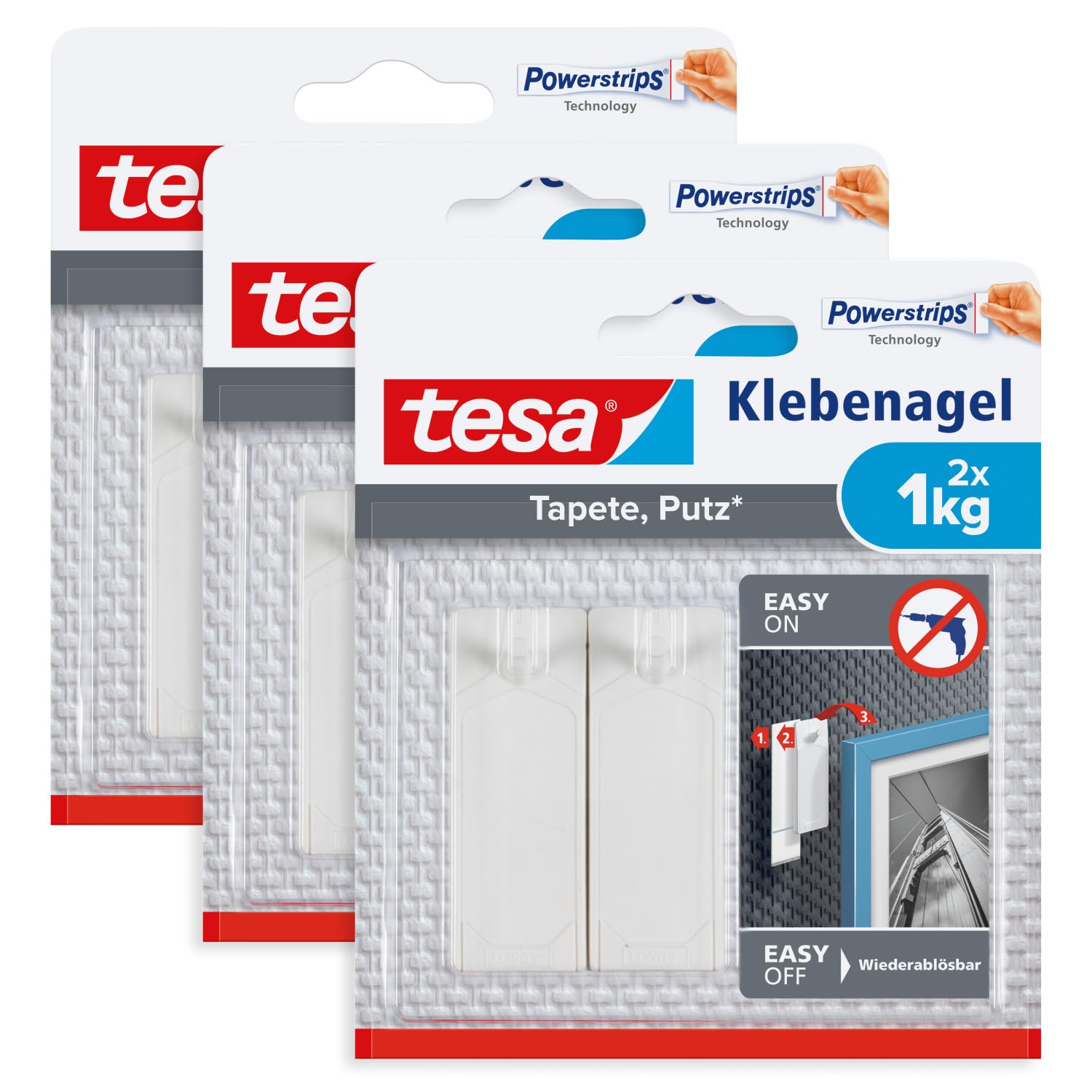 tesa77773 Wallpaper and Plaster 1 kg Pack of 3 Self-Adhesive Sensitive Surfaces Residue-free Up to 1 kg Hold Capacity per Nail 3 x 2 Adhesive Nails, 1 kg