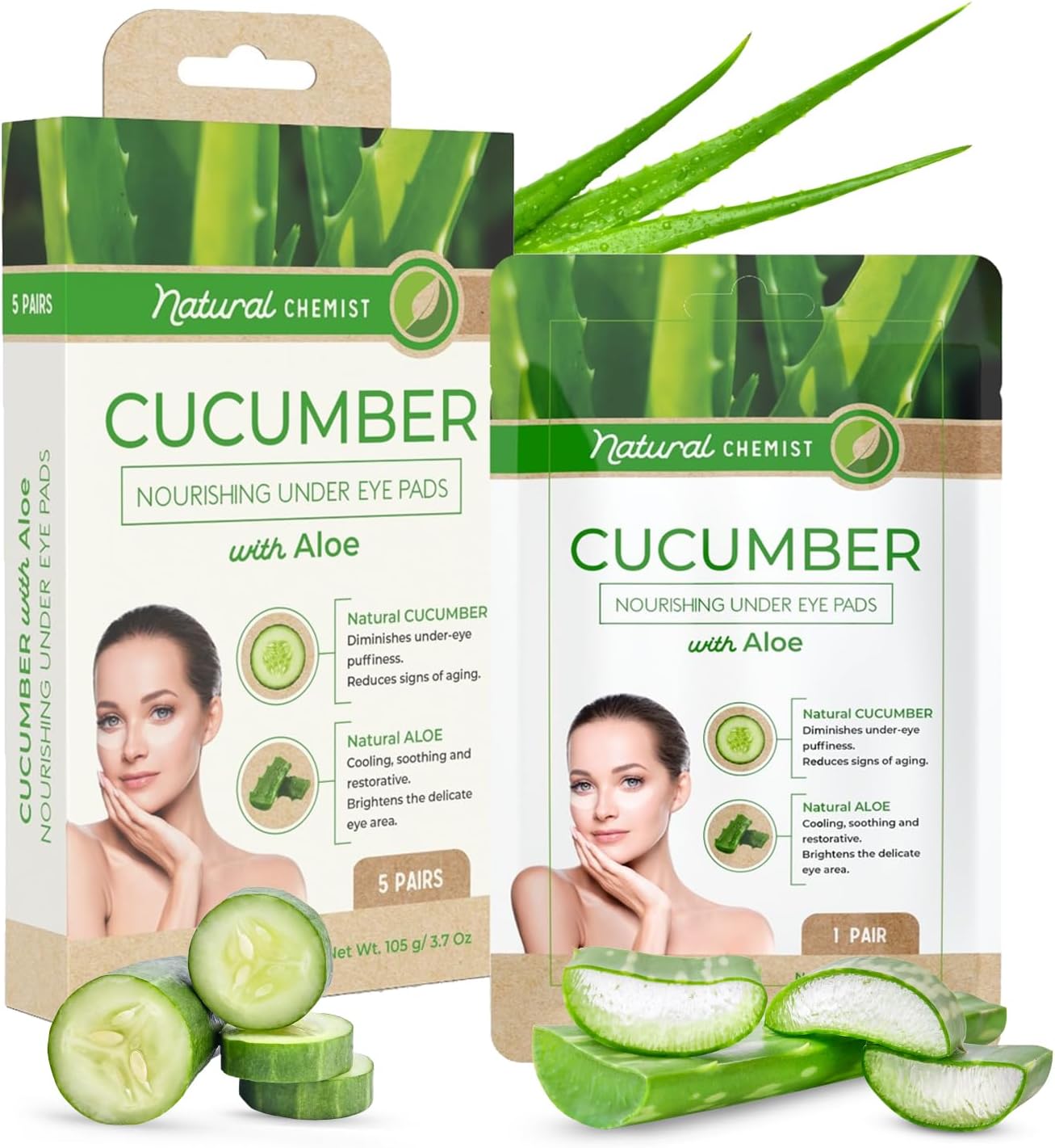 Natural Chemist Cucumber & Aloe Under Eye Patches - Cooling, Reduces Puffiness, Anti-Aging, Hydrating, Dermatologist Tested, Cruelty Free Korean Skin Care For All Skin Types - 5 Pairs