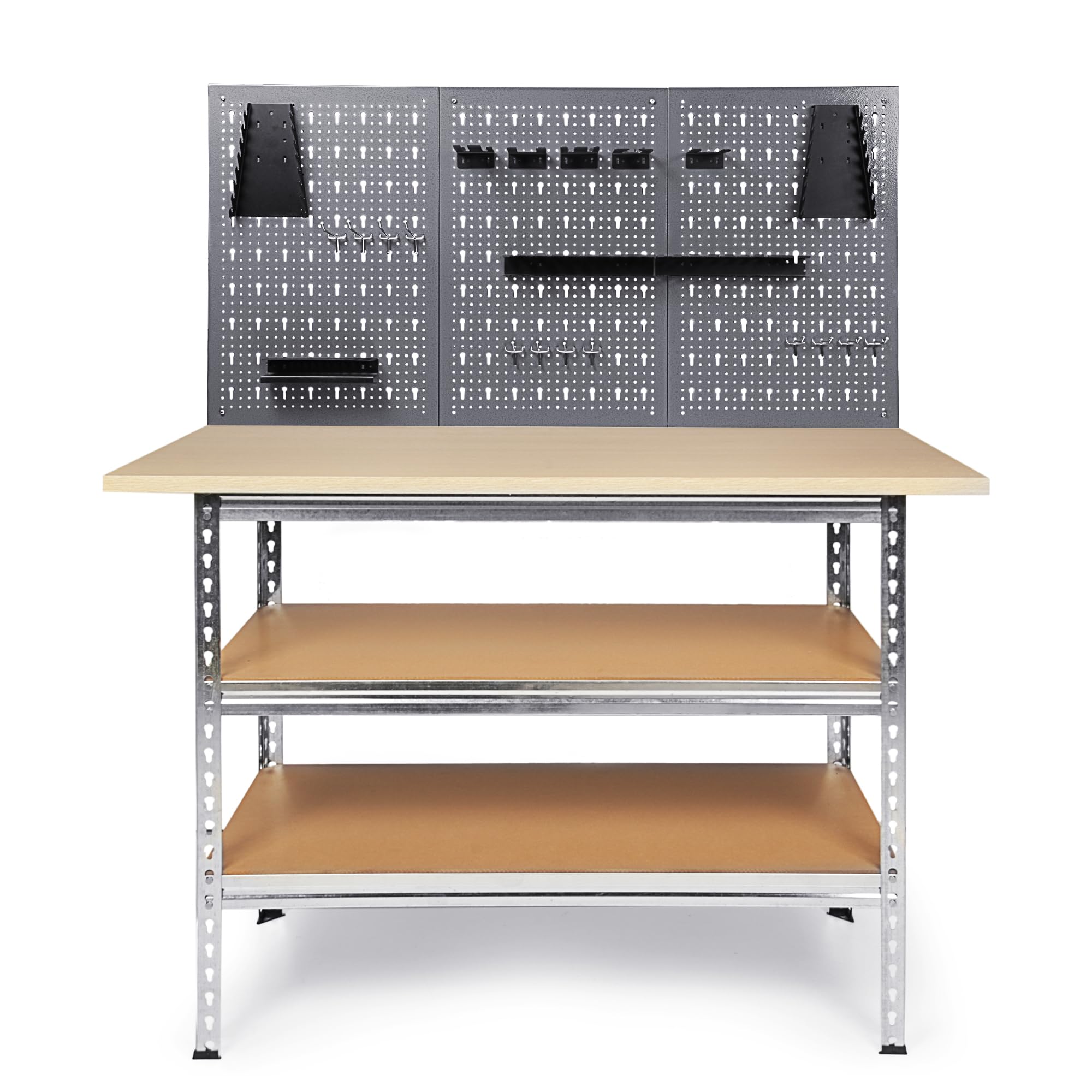Ondis24 Werkbank Werkstatt 120x60cm Mit 25mm Melaminarbeitsplatte, 151cm Höhe, 2 Ablageflächen, Metallgehäuse, Lochwand Werkstatt Set Mit 3 Lochwänden & 22 Haken Für Handwerker