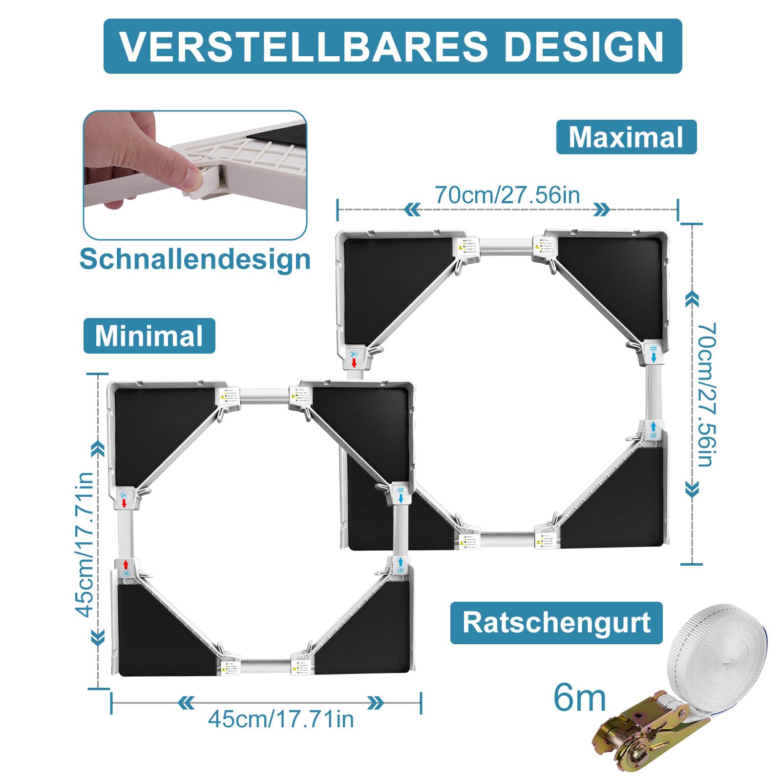 Waschmaschinen Untergestell, Zwischenbaurahmen Trockner Waschmaschinen, Universal Verbindungsrahmen Set für Waschmaschine und Trockner Stapelbausatz mit Ratschenseil, Einstellbare Breite von 45-70cm
