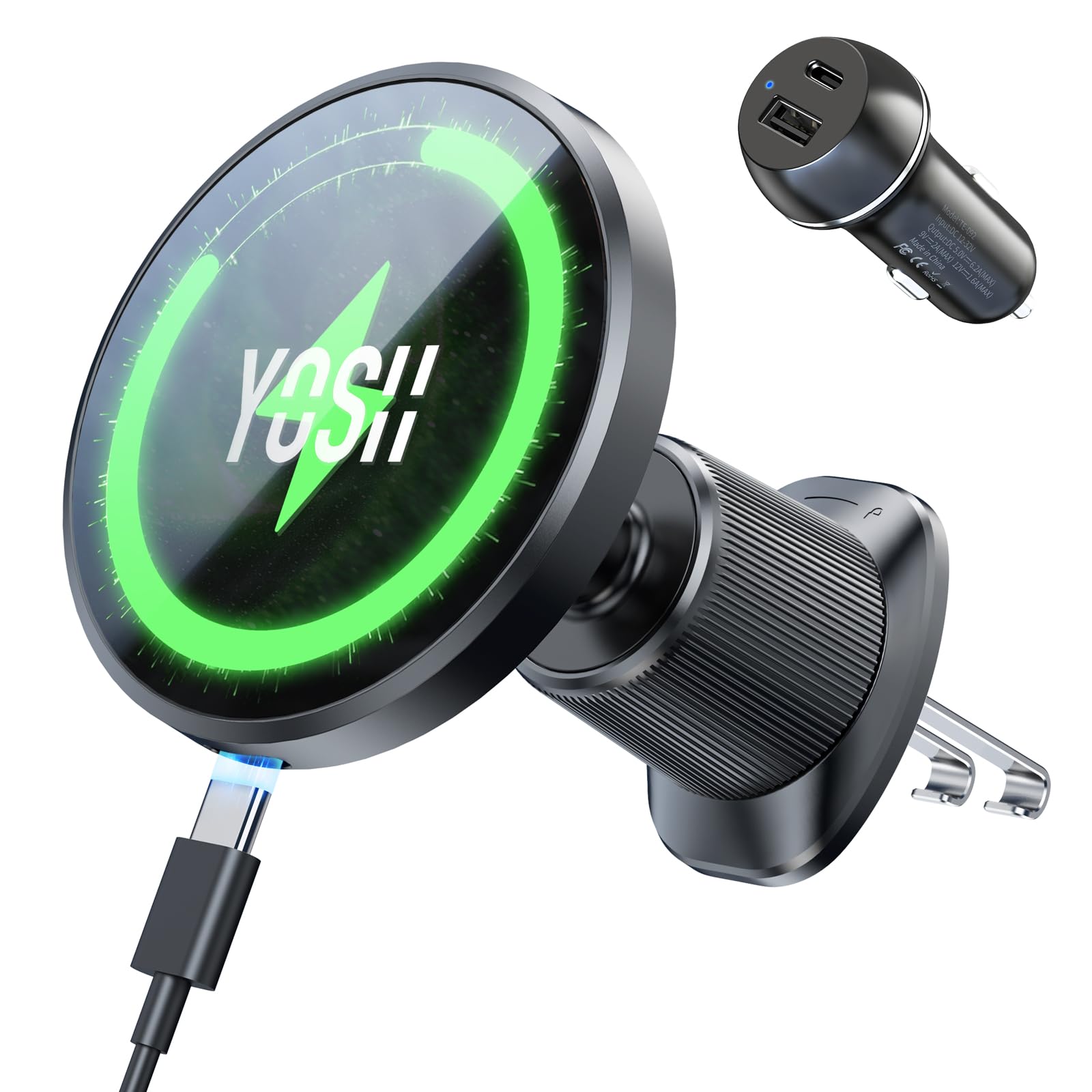 YOSH für Magsafe Autohalterung mit 60W Autoladegerät, [Metall-Doppelhaken & N55 Starke Magnets], Handyhalterung Auto für Magsafe Ladegerät Lüftung mit Ladefunktion 15W für iPhone 17-12 Schwarz