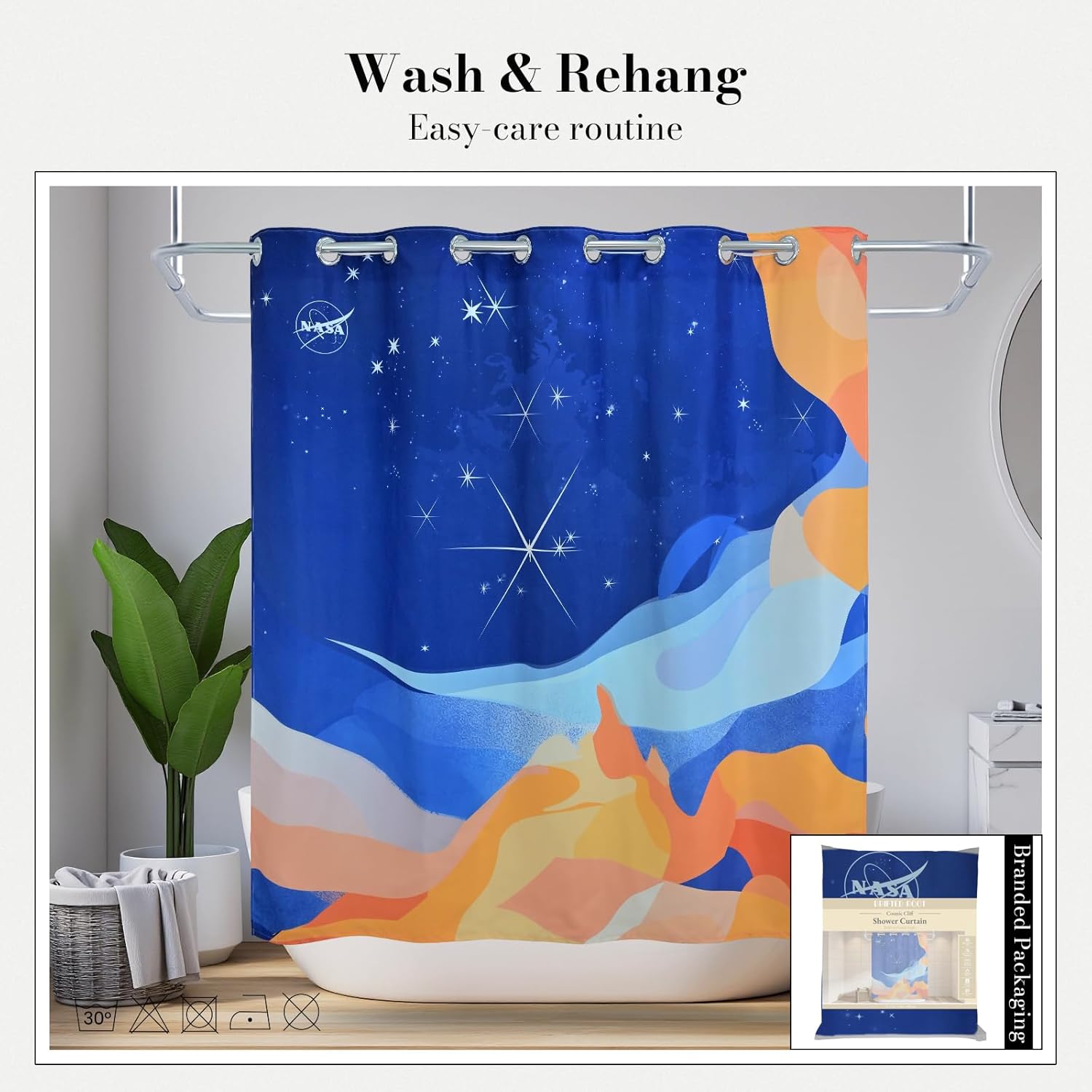 NASA Cosmic Dunes No Hook Shower Curtain Set, NASA-Licensed Space Poster Art, Nebula Cloud Star Design, Gallery-Style Bathroom Décor (Cosmic Dunes-Blue, 72" W x 74" L (Pack of 1))