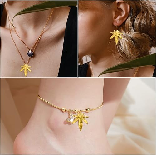 Miniatura 6 de Aylifu 50 dijes de hojas de arce, colgantes de hojas de marihuana, de aleación, para hacer joyas, color dorado