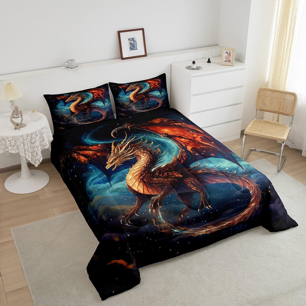 Erosebridal Magic Dragon Comforter Set King Size 3D Pterosaur Bedding Set, Magical Aesthetic Down Comforter Gradient Red Navy Blue Duvet Insert, Cartoon Dinosaur Bedding Comforter Sets 2 Pillowcase