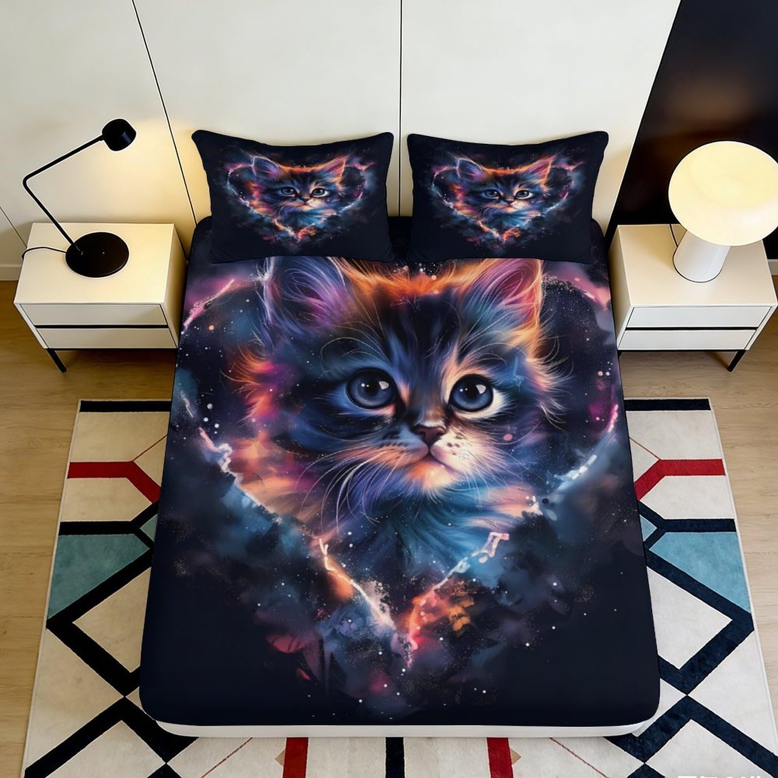 3D Printed Galaxy Cat Fitted Sheet Microfiber Soft Non Slip Cosmic Nebula Bed Cover for Bedroom Dorm Decor 90x200x25cm