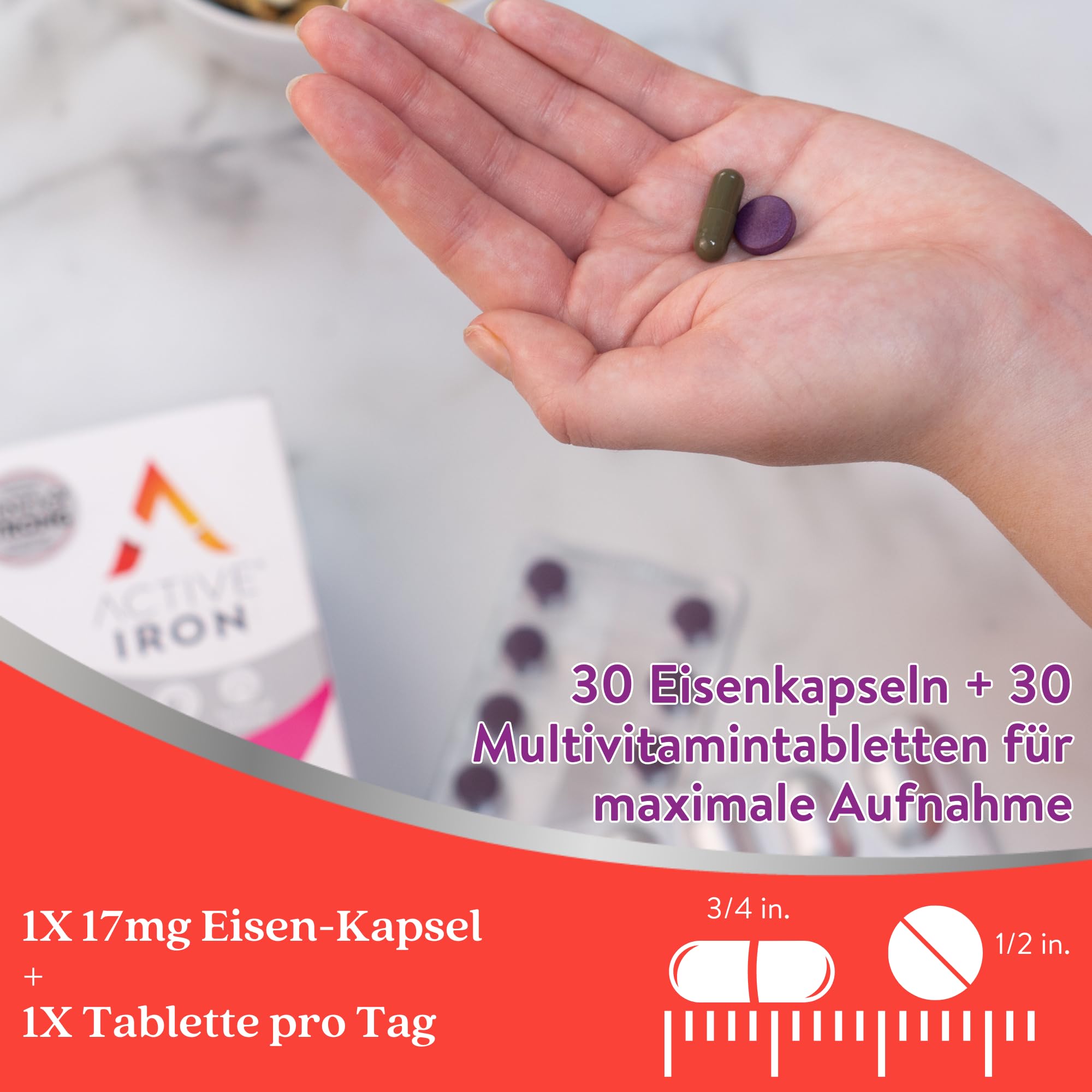 Active Iron für Frauen, Eisen- und Multivitaminpräparat, 30 Eisenkapseln à 17 mg und 30 Multivitamintabletten, hochwirksame Vitamine B, nicht verstopfend, Vorrat für 1 Monat.