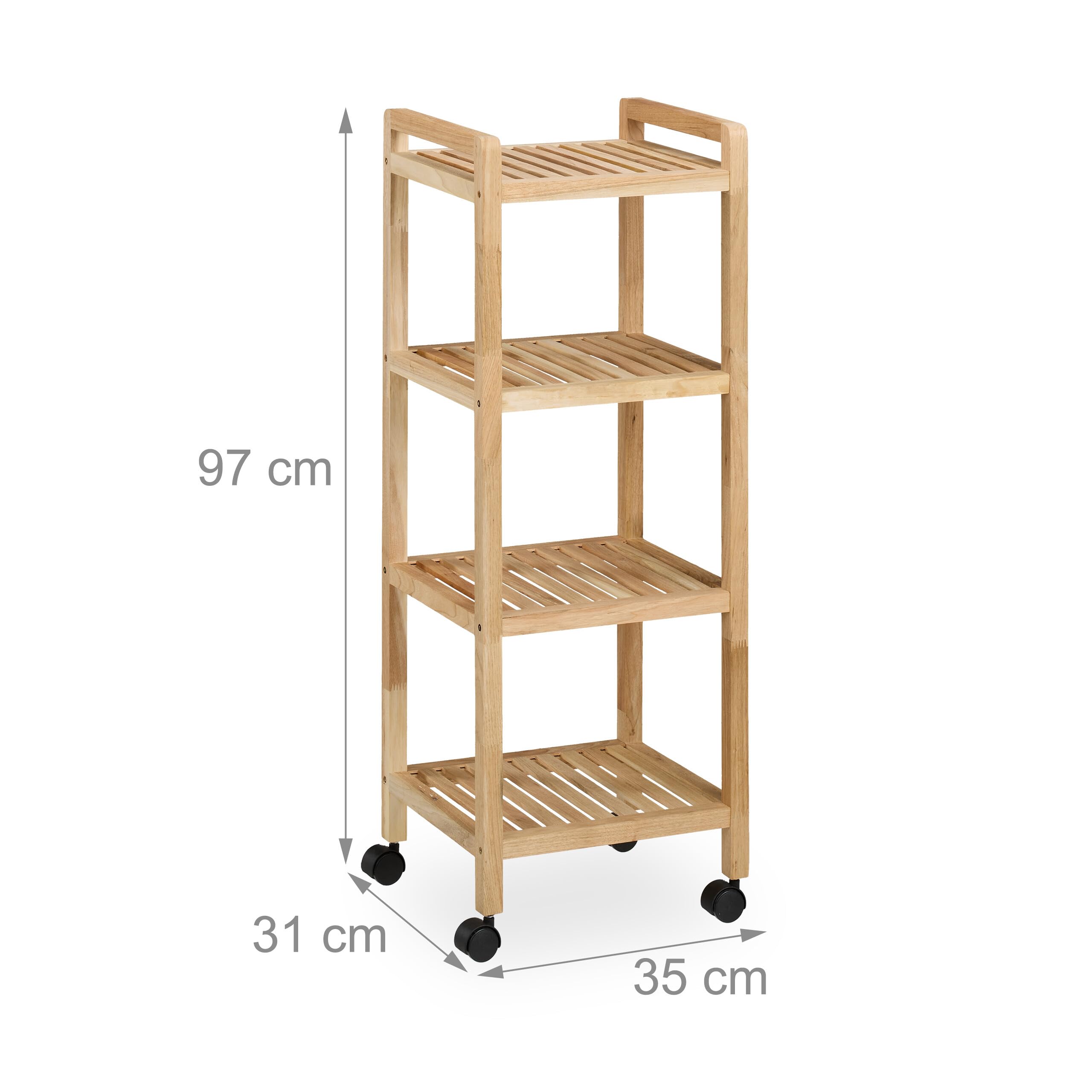 Relaxdays Mobile da Bagno con 4 Ripiani, Mobiletto su Ruote, Scaffale in Legno da Cucina, 97x35x31 cm, Marrone Chiaro