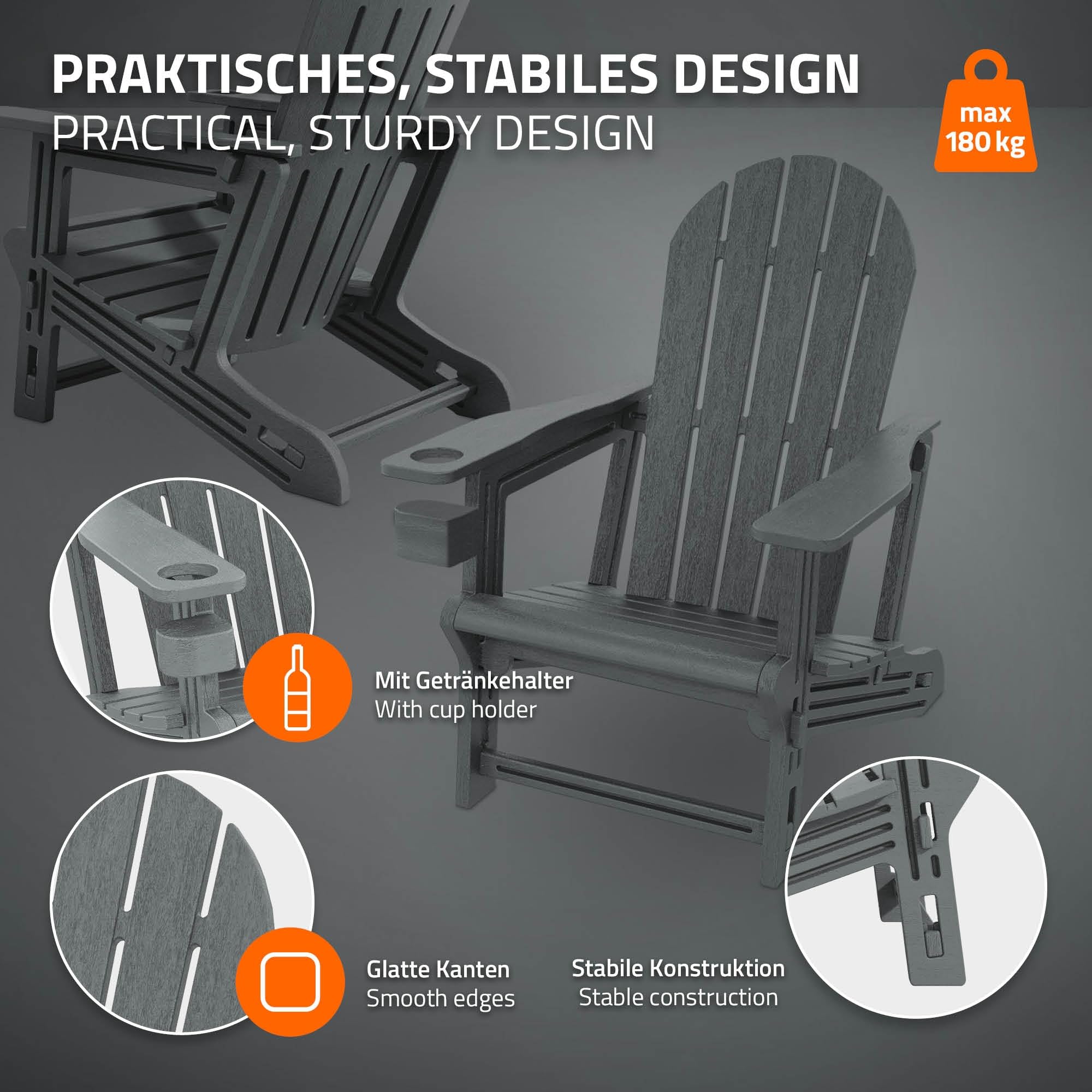 ML-Design Silla Adironack con Portavasos, Gris, Sillón de Jardín de Plástico con Aspecto de Madera, Mecedora Resistente a la Intemperie, Asiento con Respaldo, Tumbona de Exterior Mueble para Patio